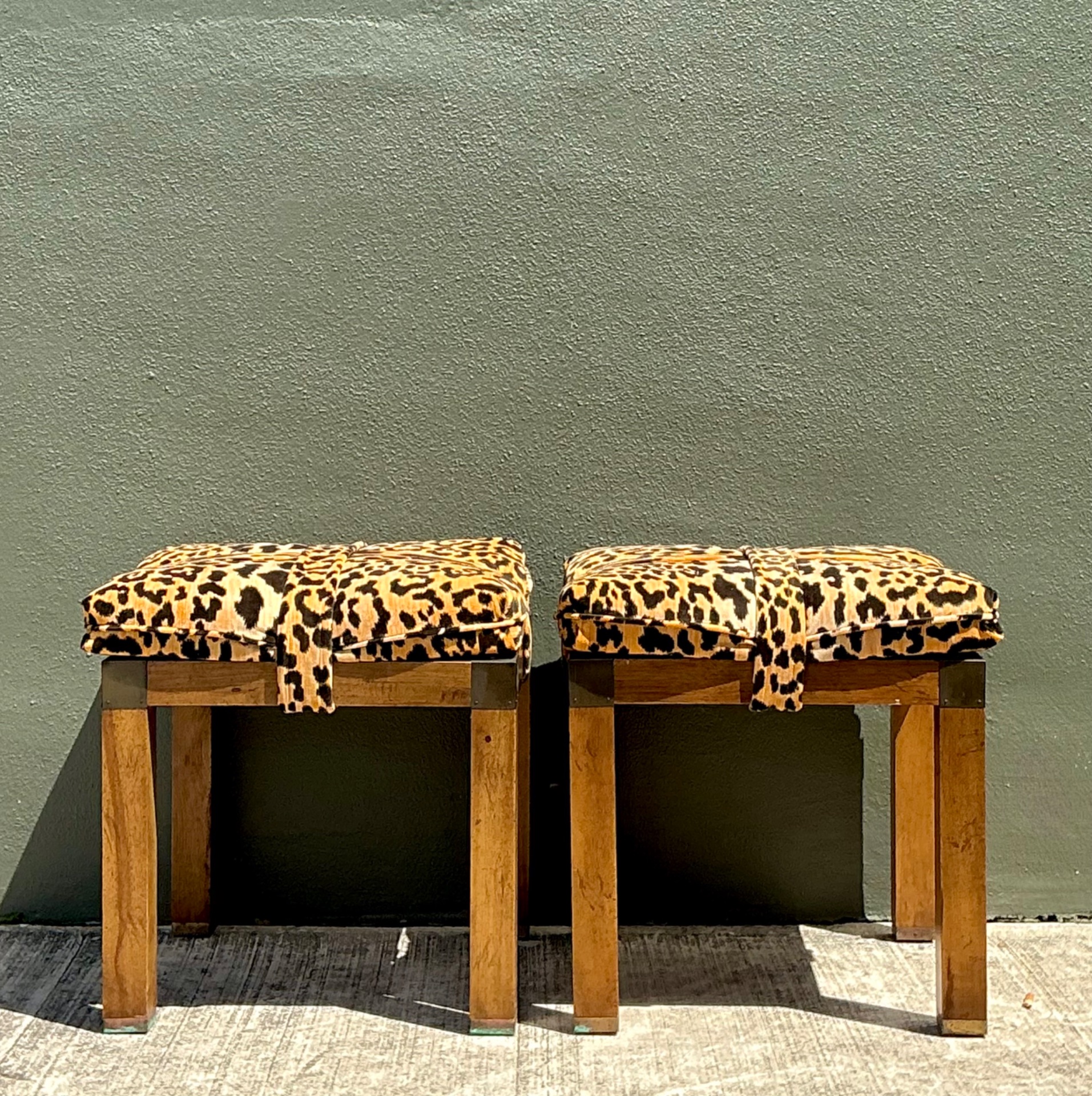 Vintage Leopard Strapped Campaign Stools - A Pair - Side view