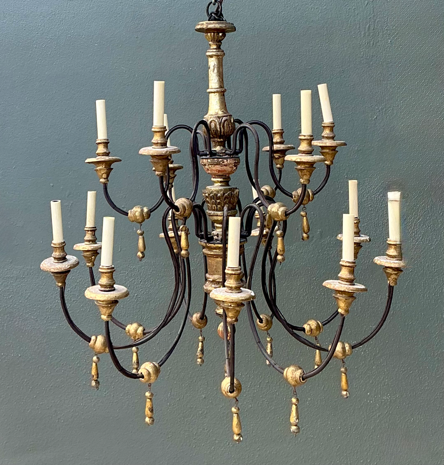 Vintage Gilt Wood and Metal Twelve-Light Chandelier - Side view
