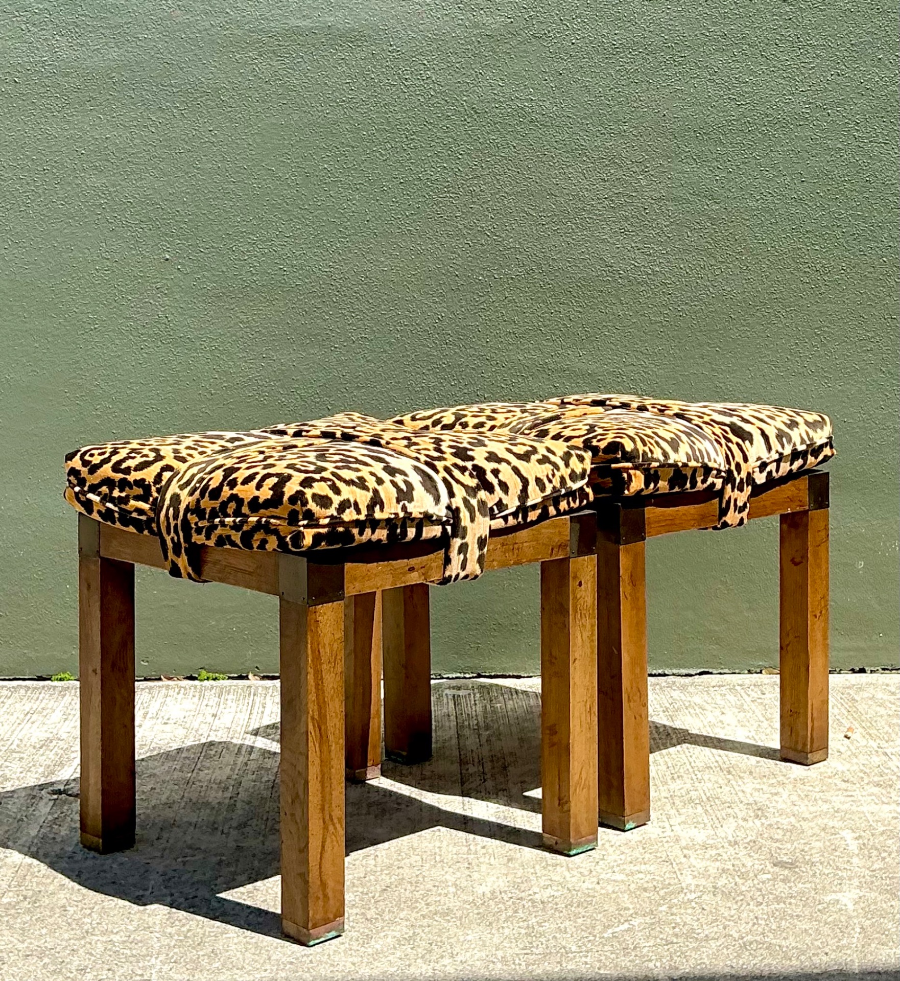 Vintage Leopard Strapped Campaign Stools - A Pair - Top view