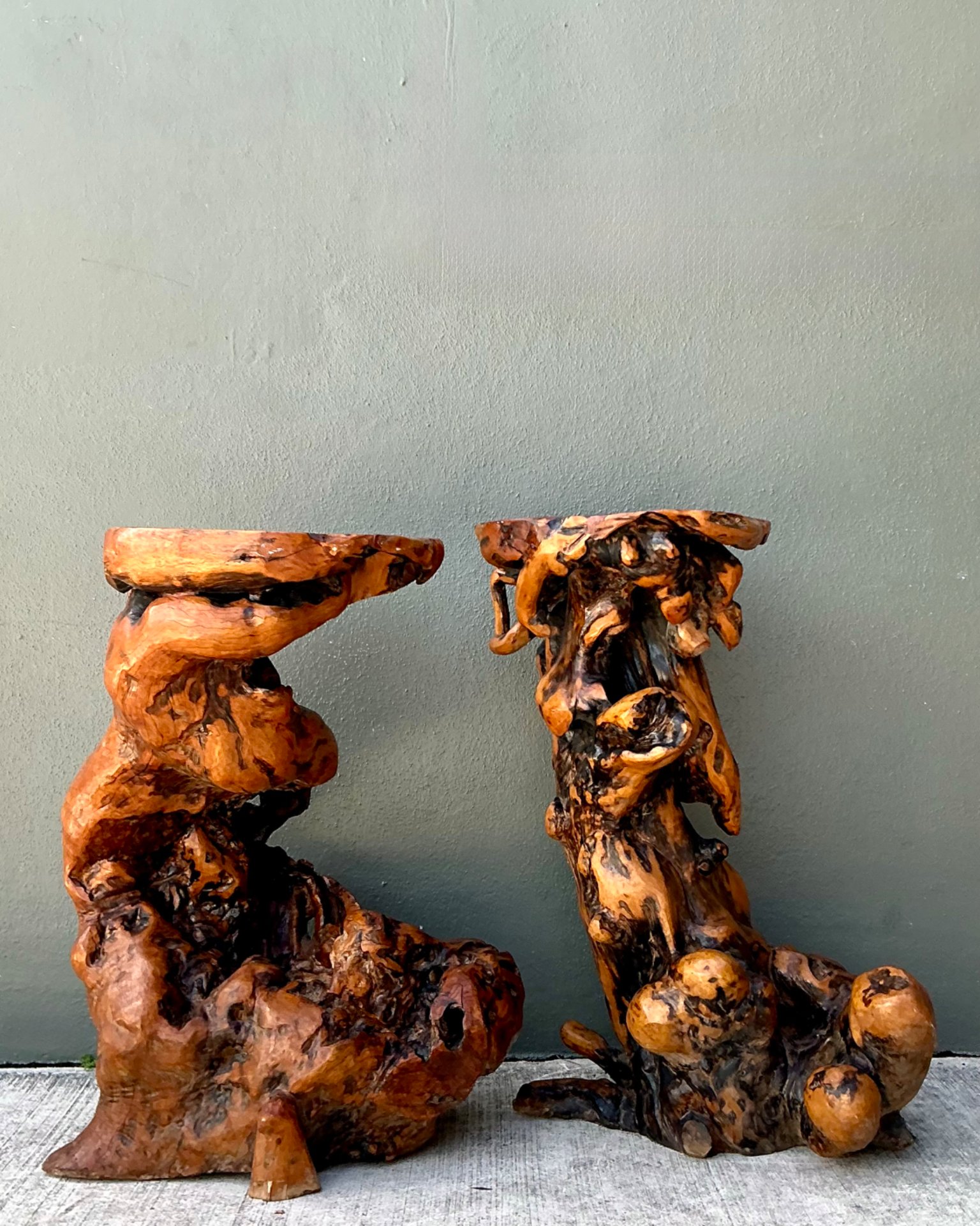 Vintage Japanese Twisted Root Pedestals - Set Of Two - Top view
