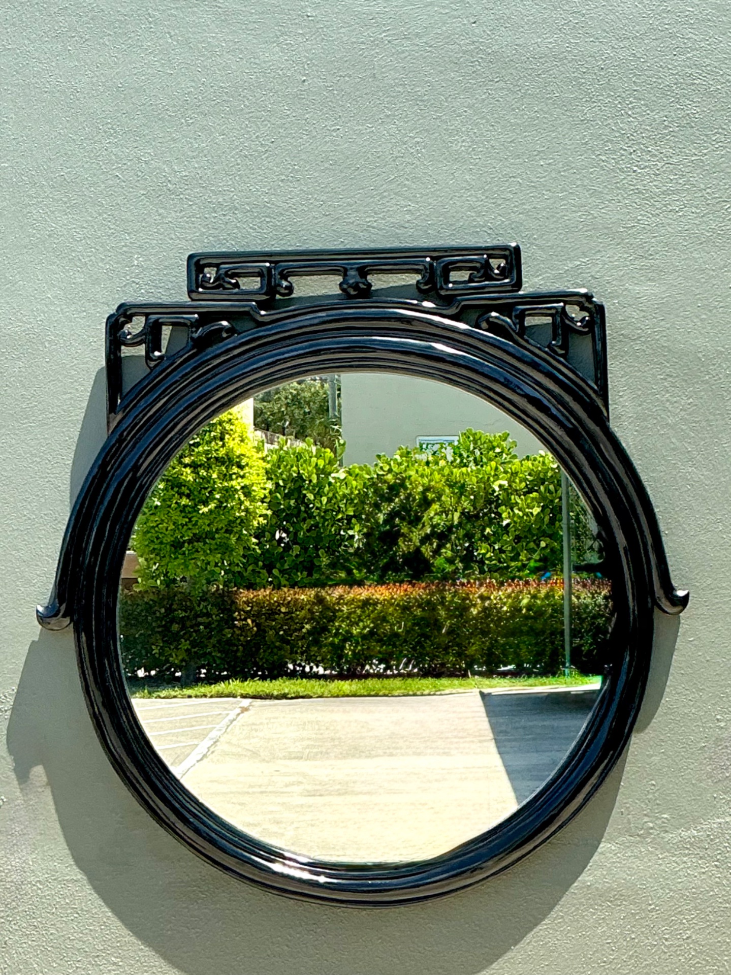 Vintage Black Lacquered Fretwork Round Wall Mirror - Top view