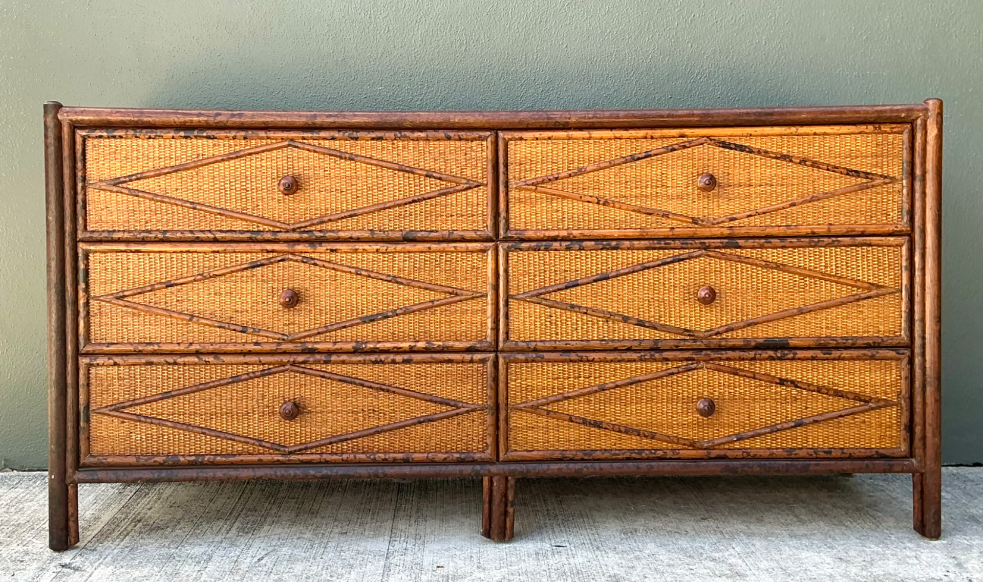 Vintage Diamond Rattan and Wood Six-Drawer Dresser - Back view
