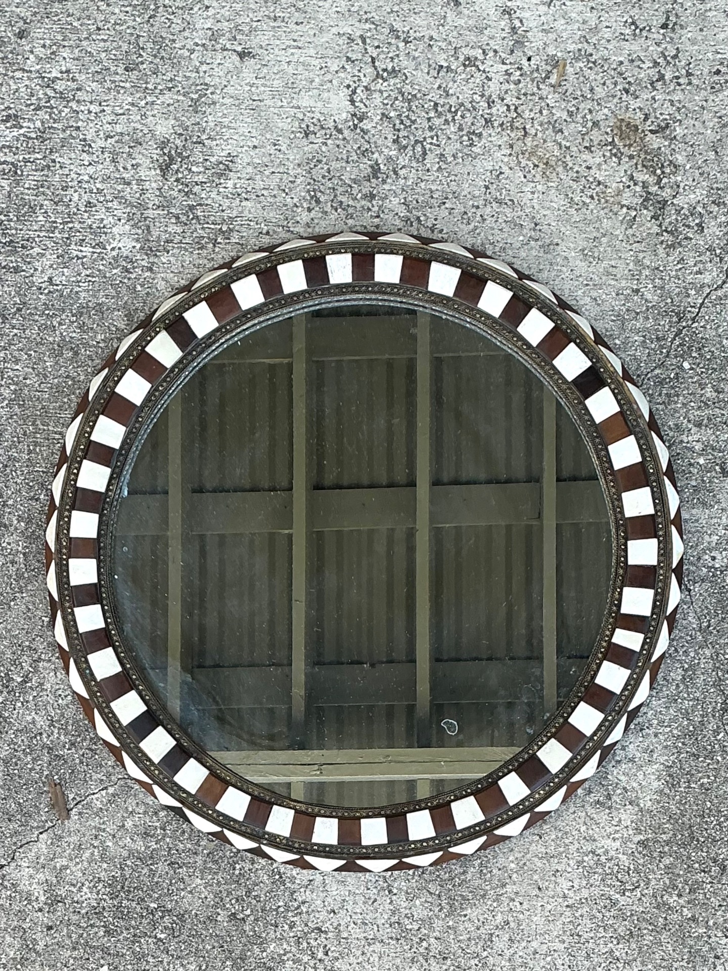 Vintage Moroccan Round Inlaid Wood Wall Mirror - Top view