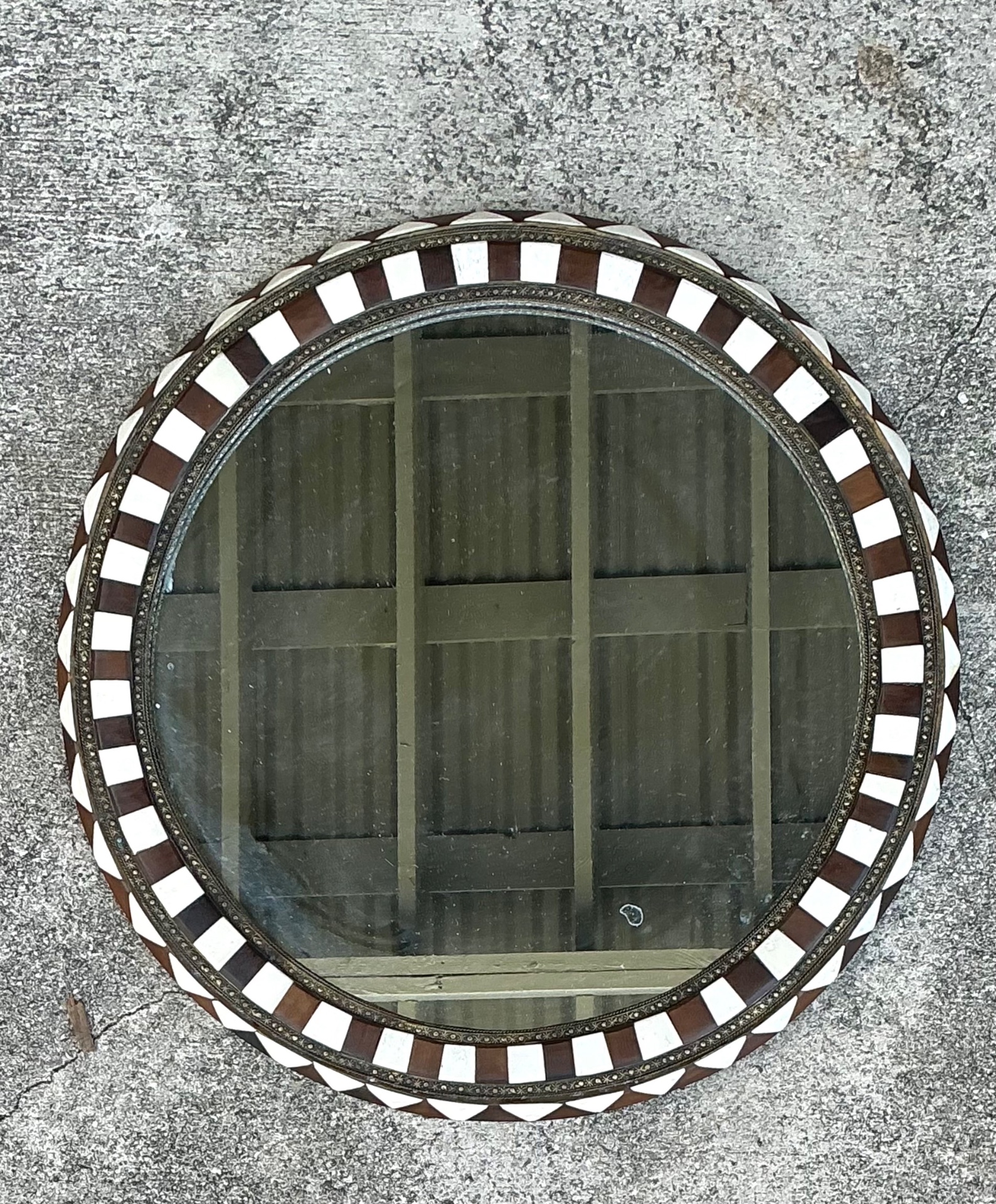 Vintage Moroccan Round Inlaid Wood Wall Mirror - Detail view