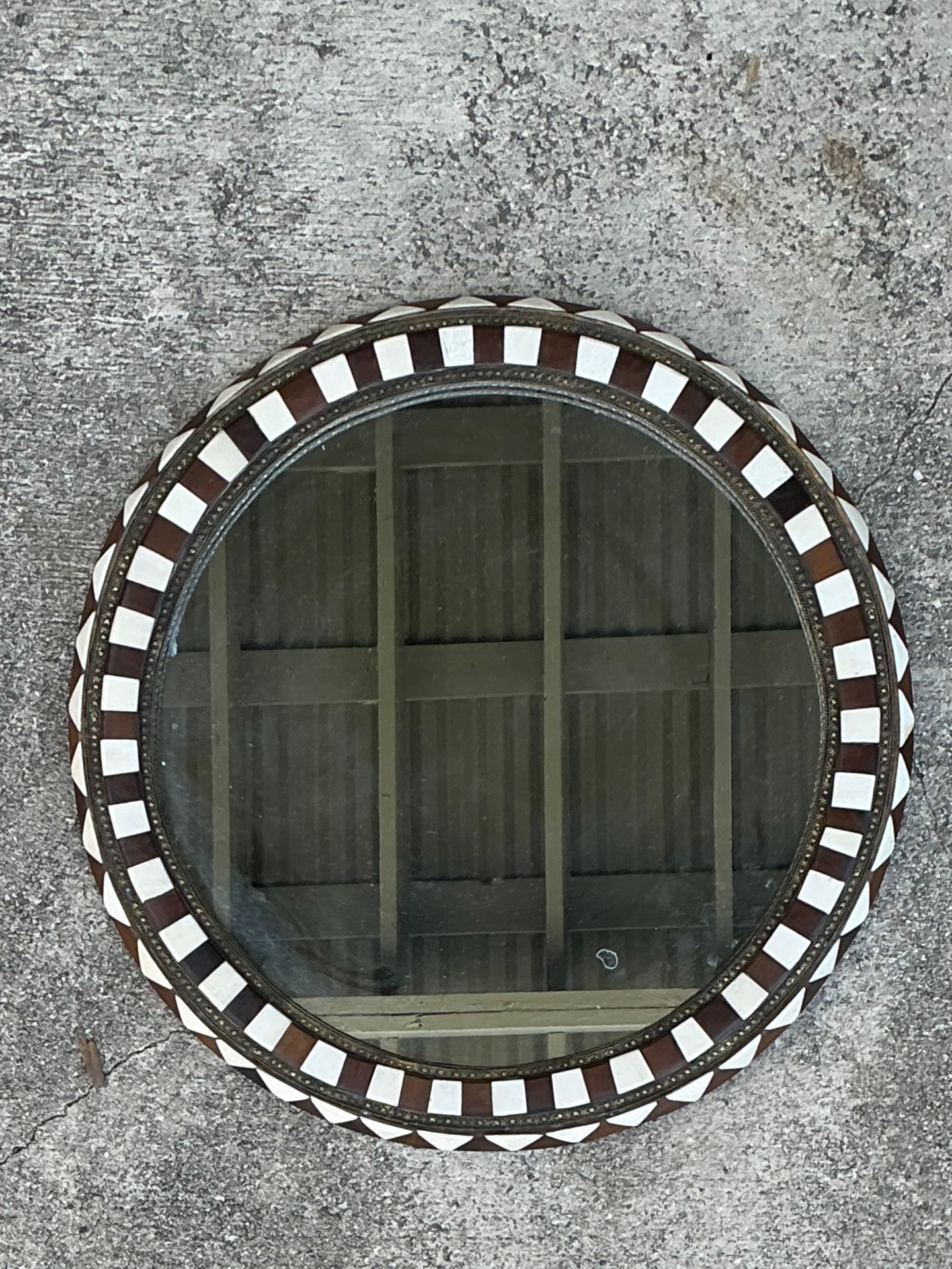 Vintage Moroccan Round Inlaid Wood Wall Mirror - Back view