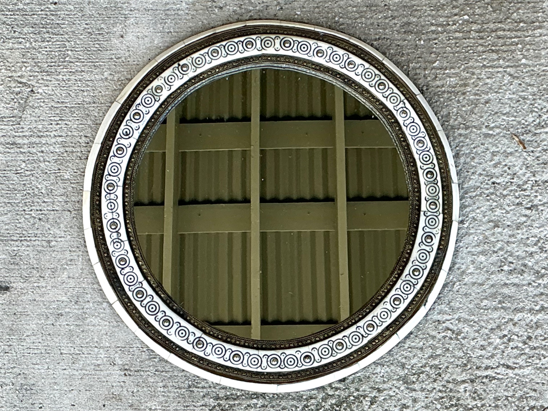 Vintage Round Inlaid Wood Wall Mirror - Back view
