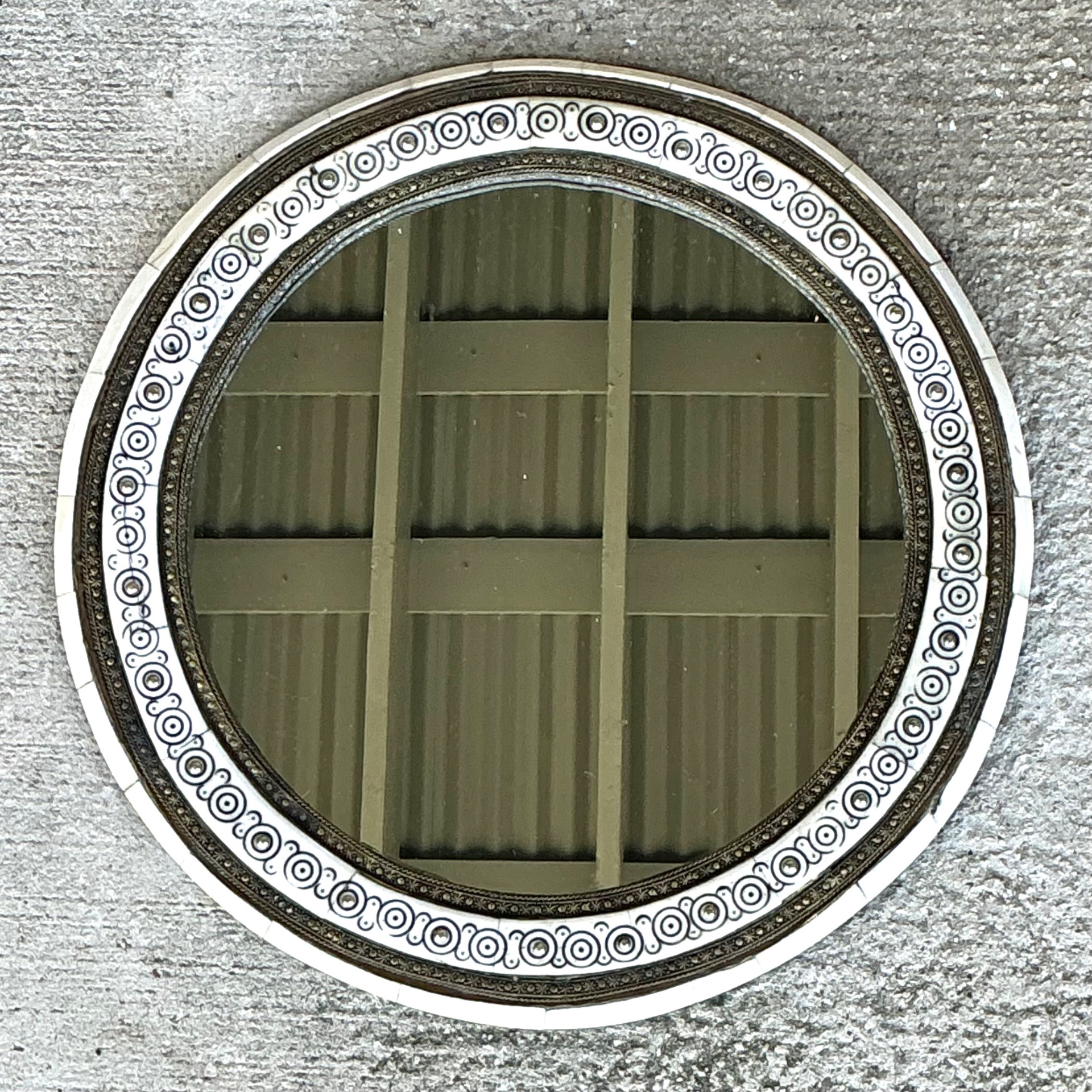Vintage Round Inlaid Wood Wall Mirror - Top view