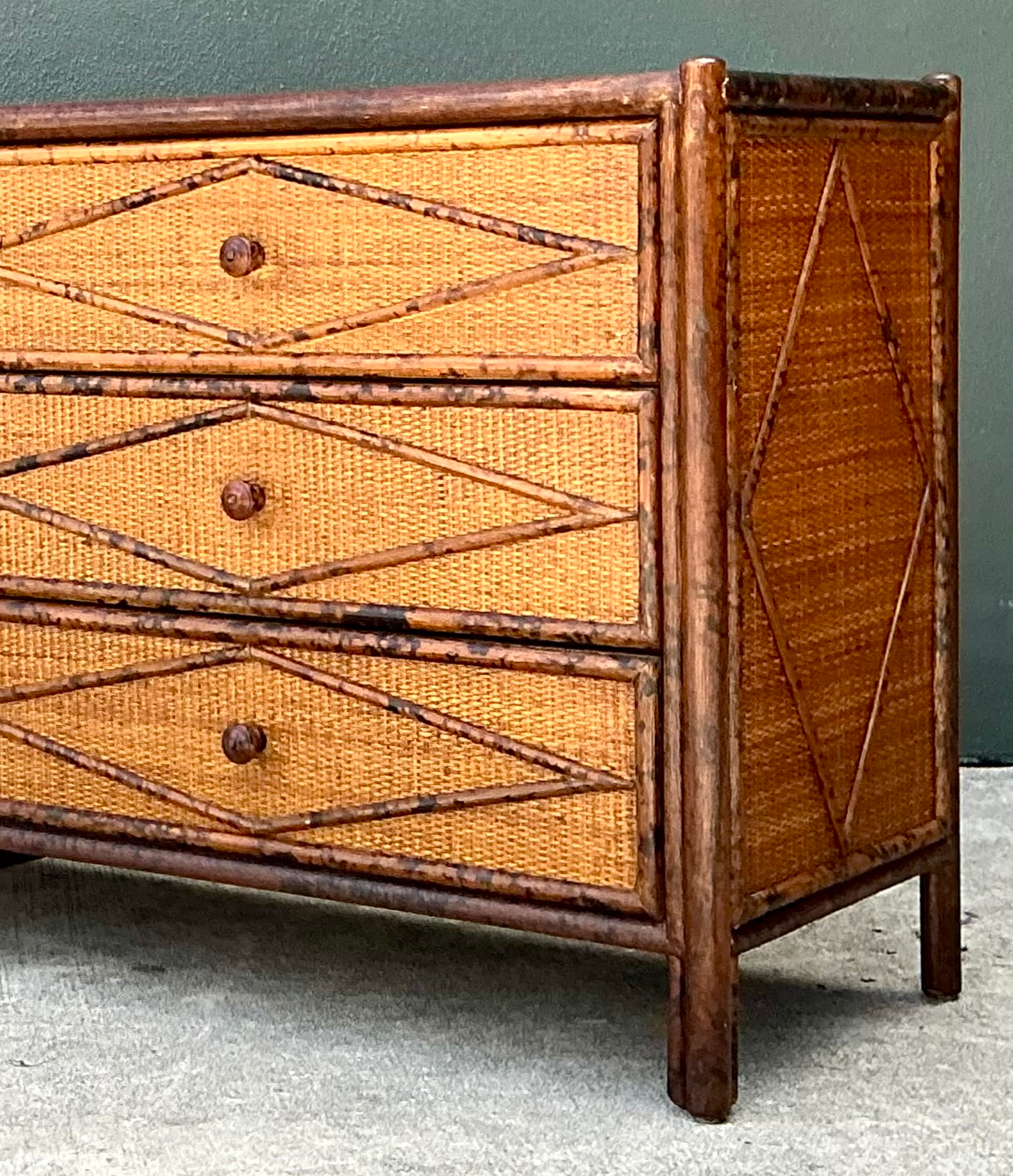 Vintage Diamond Rattan and Wood Six-Drawer Dresser - Side view