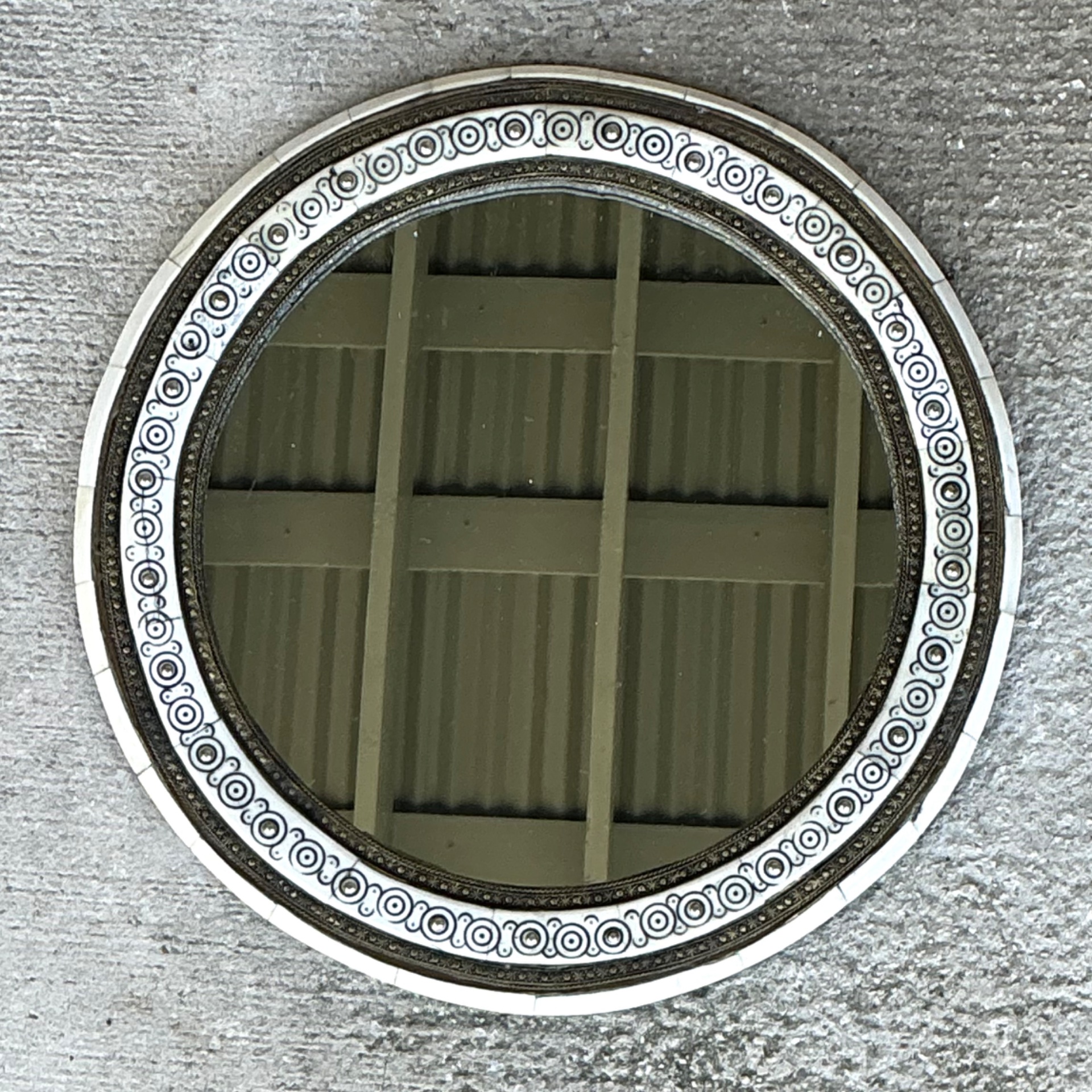 Vintage Round Inlaid Wood Wall Mirror - Side view