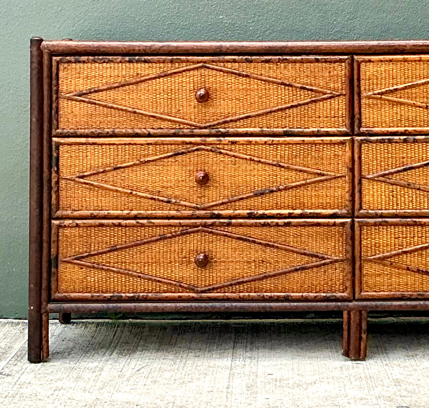 Vintage Diamond Rattan and Wood Six-Drawer Dresser - Top view