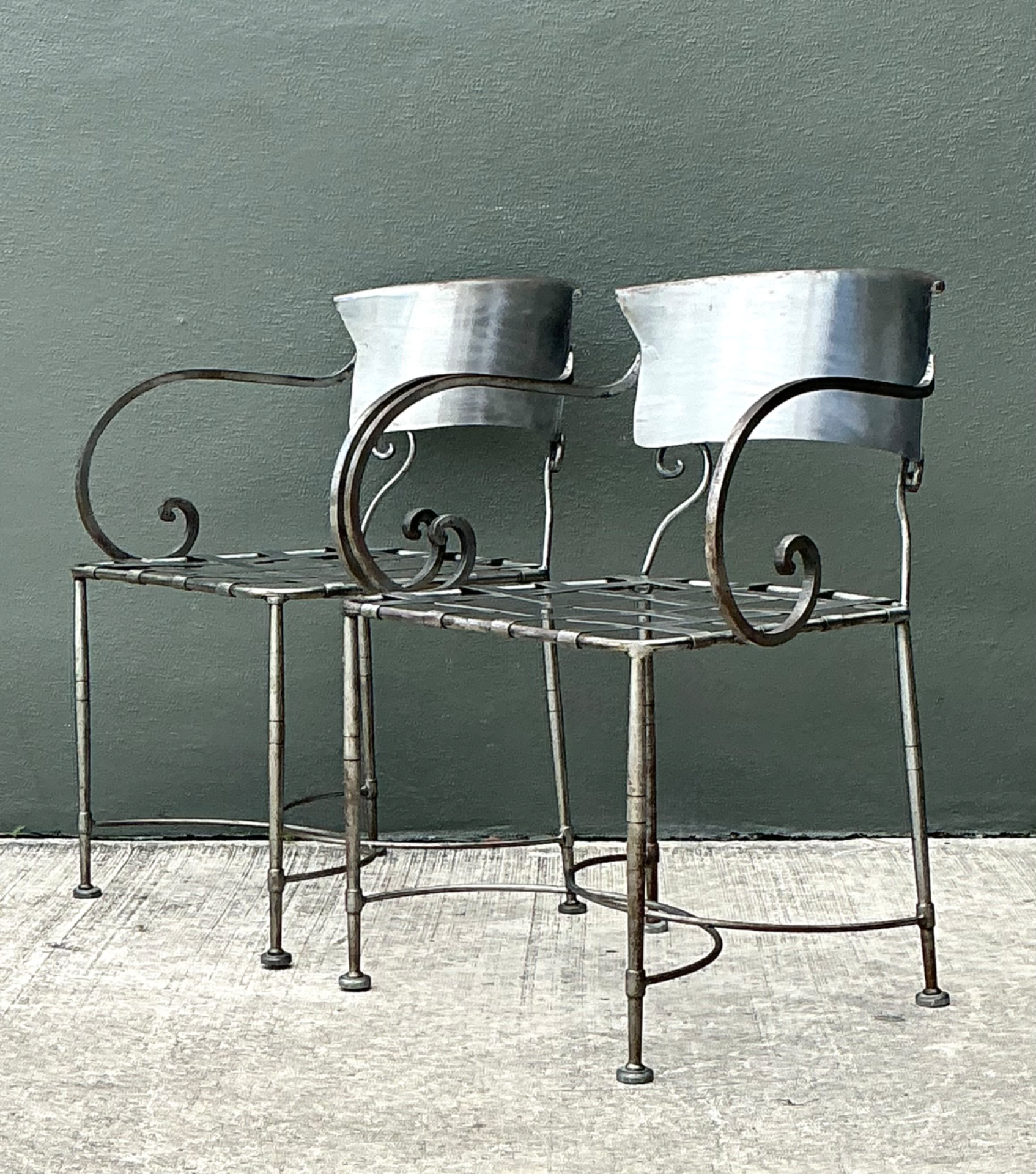 Vintage Metal Scroll Armchairs - Pair - Side view