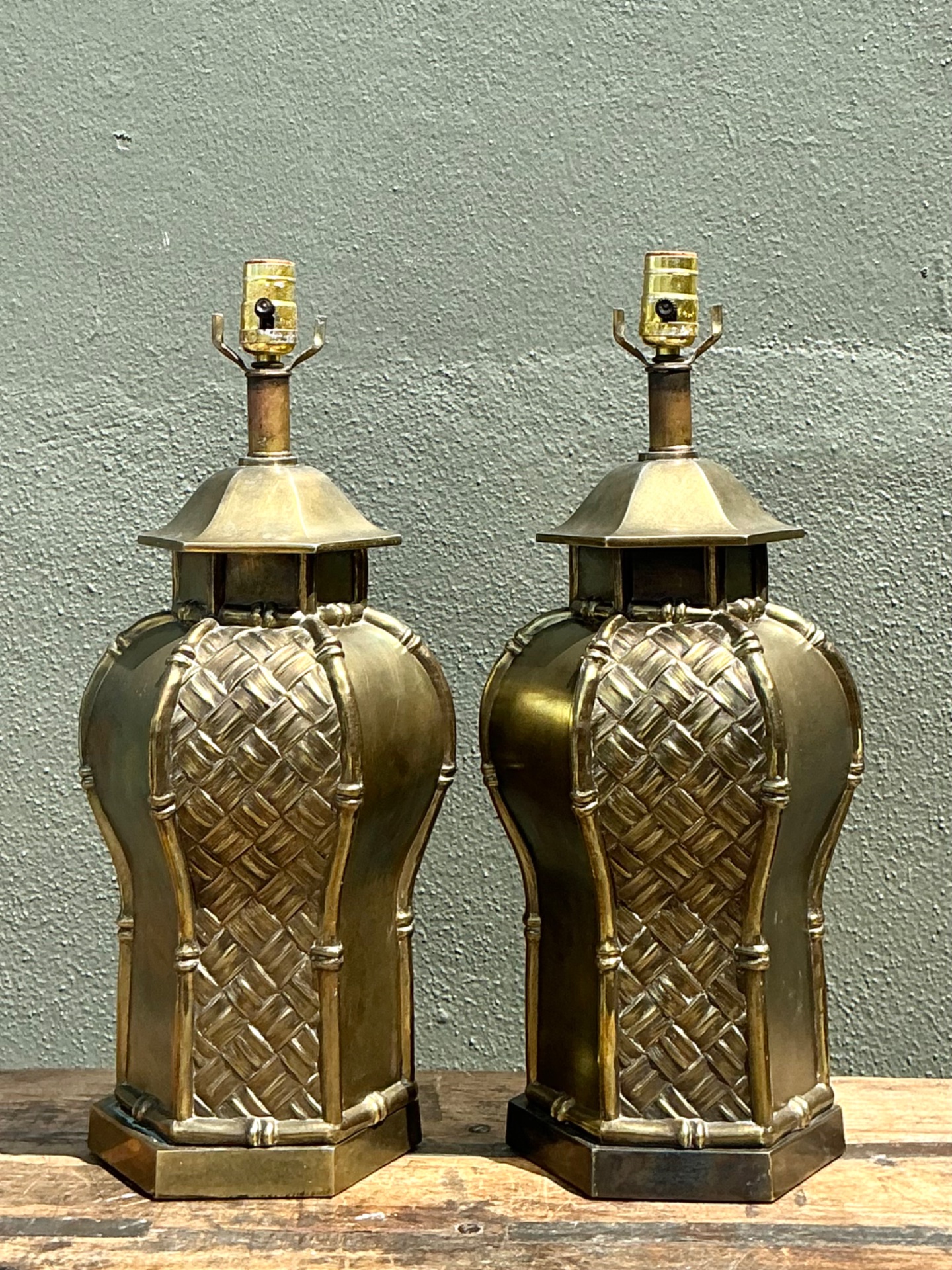 Vintage Brass Bamboo Motif Lamps - A Pair - Top view