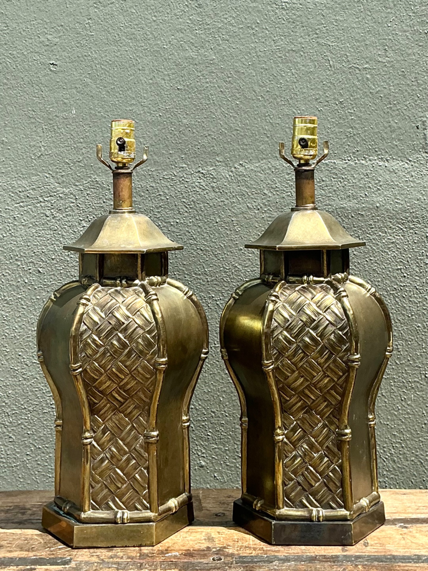 Vintage Brass Bamboo Motif Lamps - A Pair - Side view