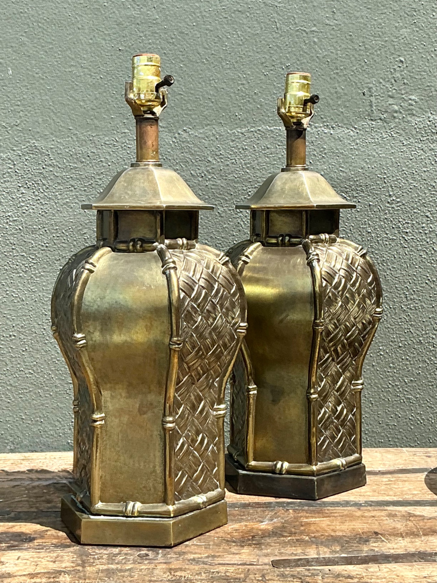 Vintage Brass Bamboo Motif Lamps - A Pair - Back view