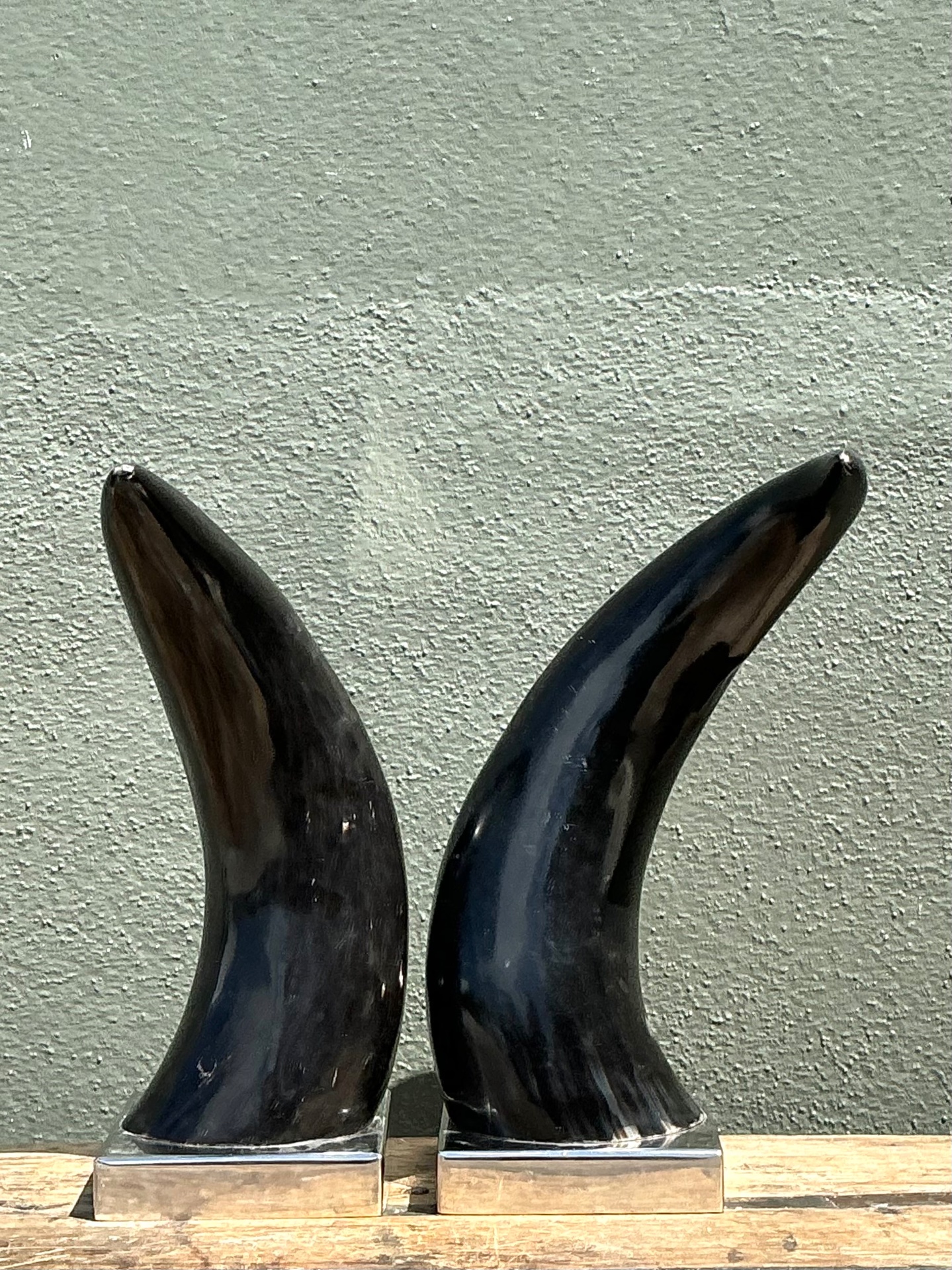 Vintage Natural Horns On Chrome Plinths - A Pair - Top view