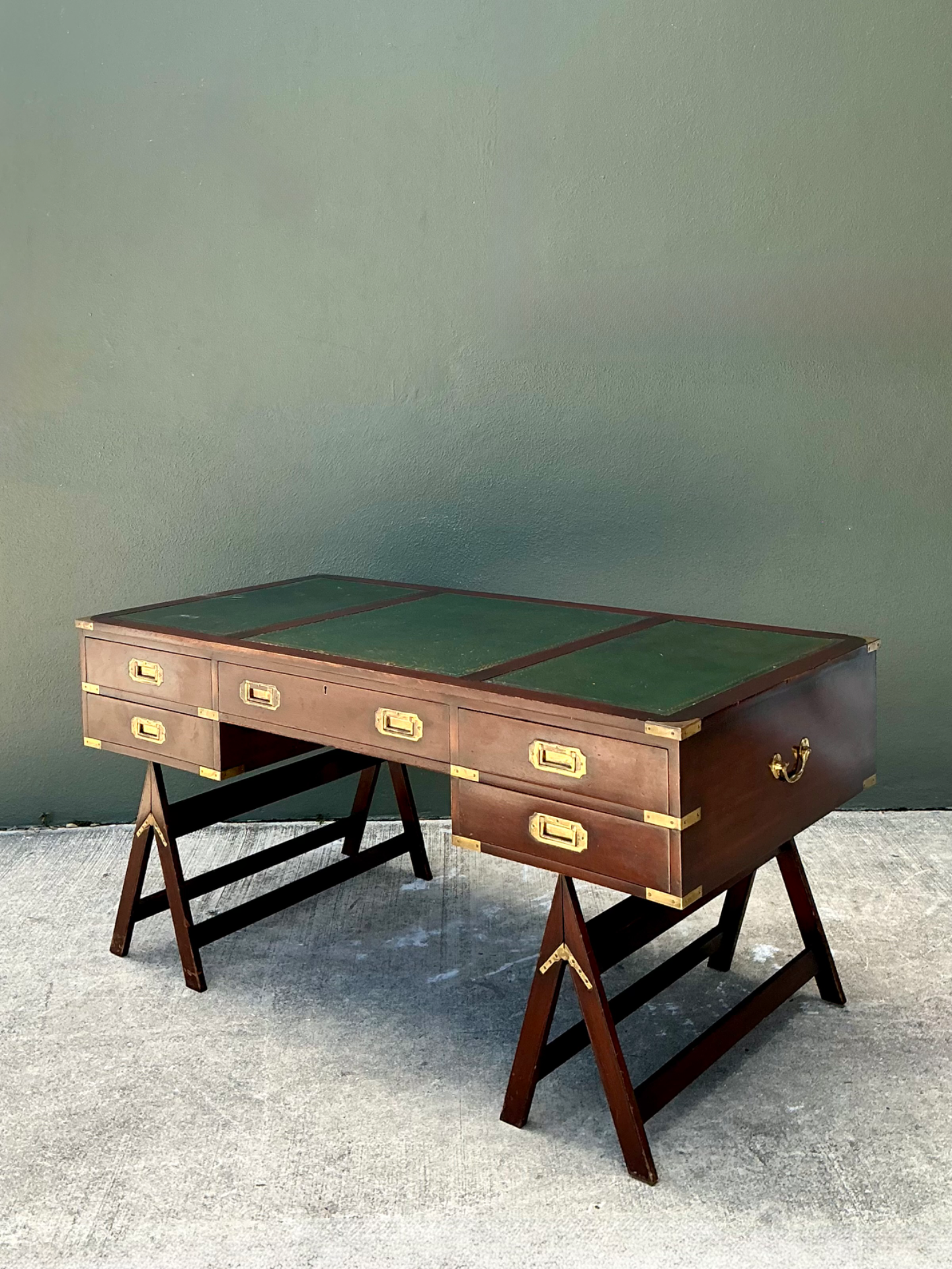 Vintage Military Campaign Wood Desk - Side view