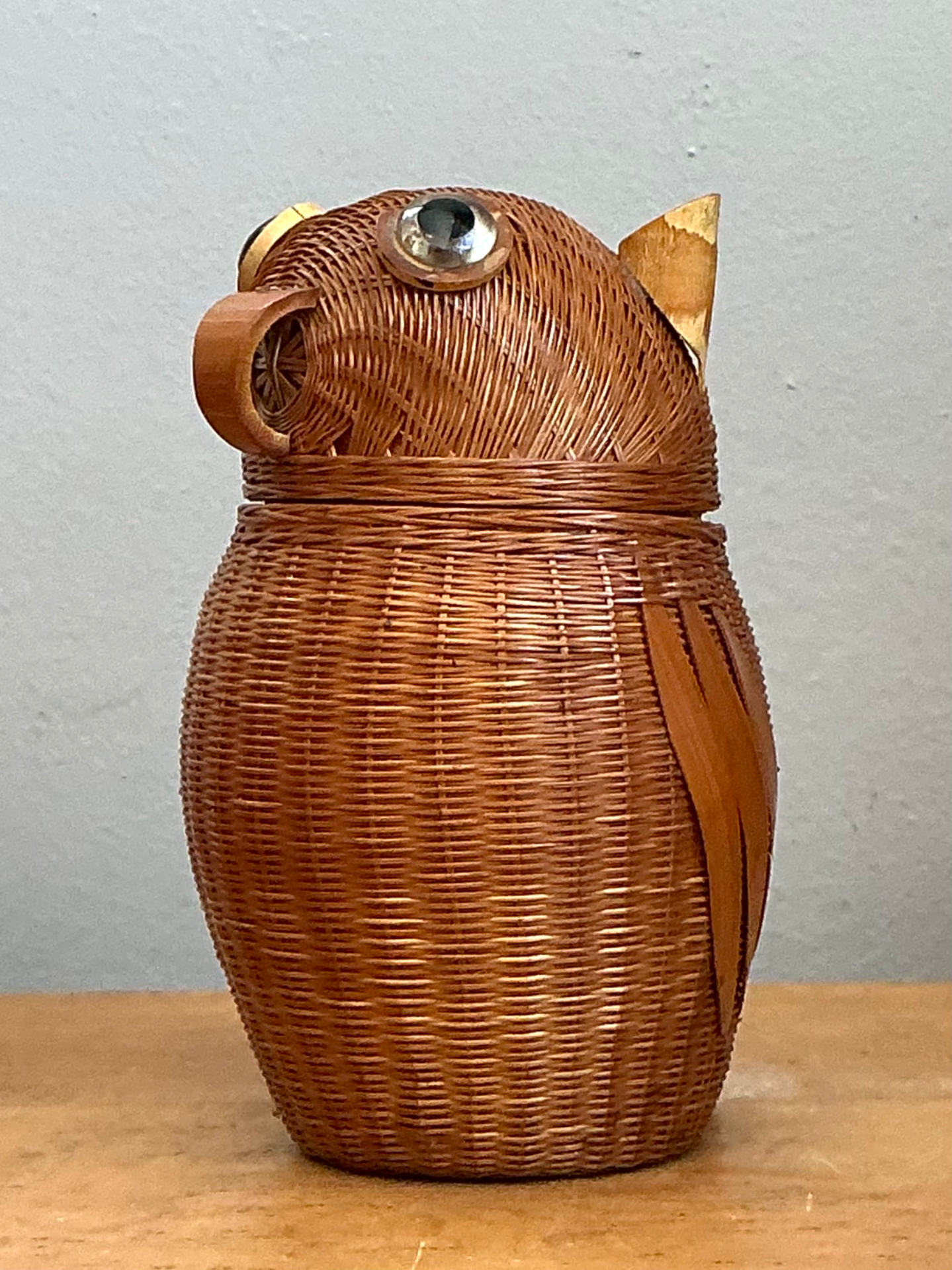 Vintage Shanghai Weave Rattan Owl Basket - Side view