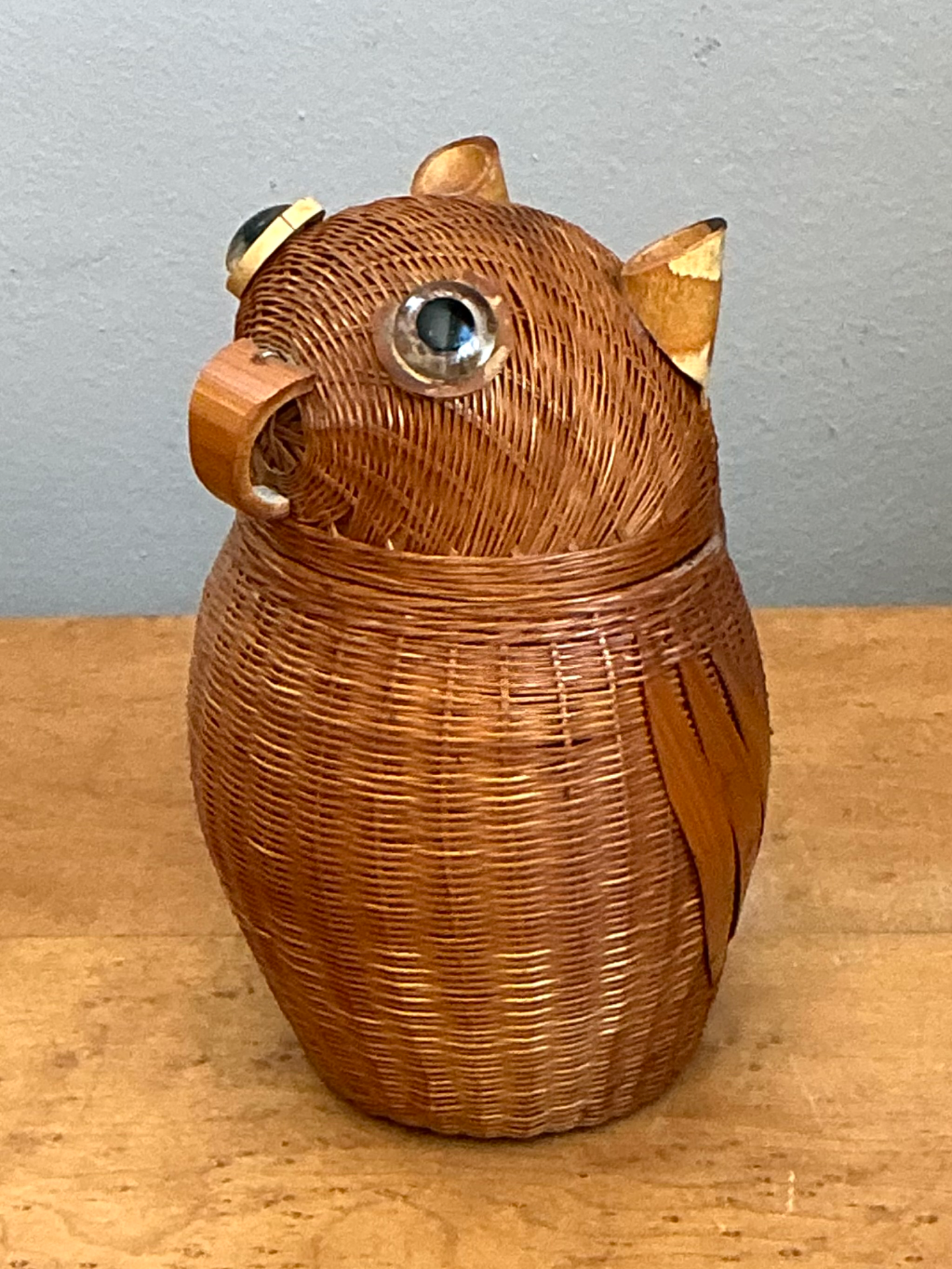 Vintage Shanghai Weave Rattan Owl Basket - Top view