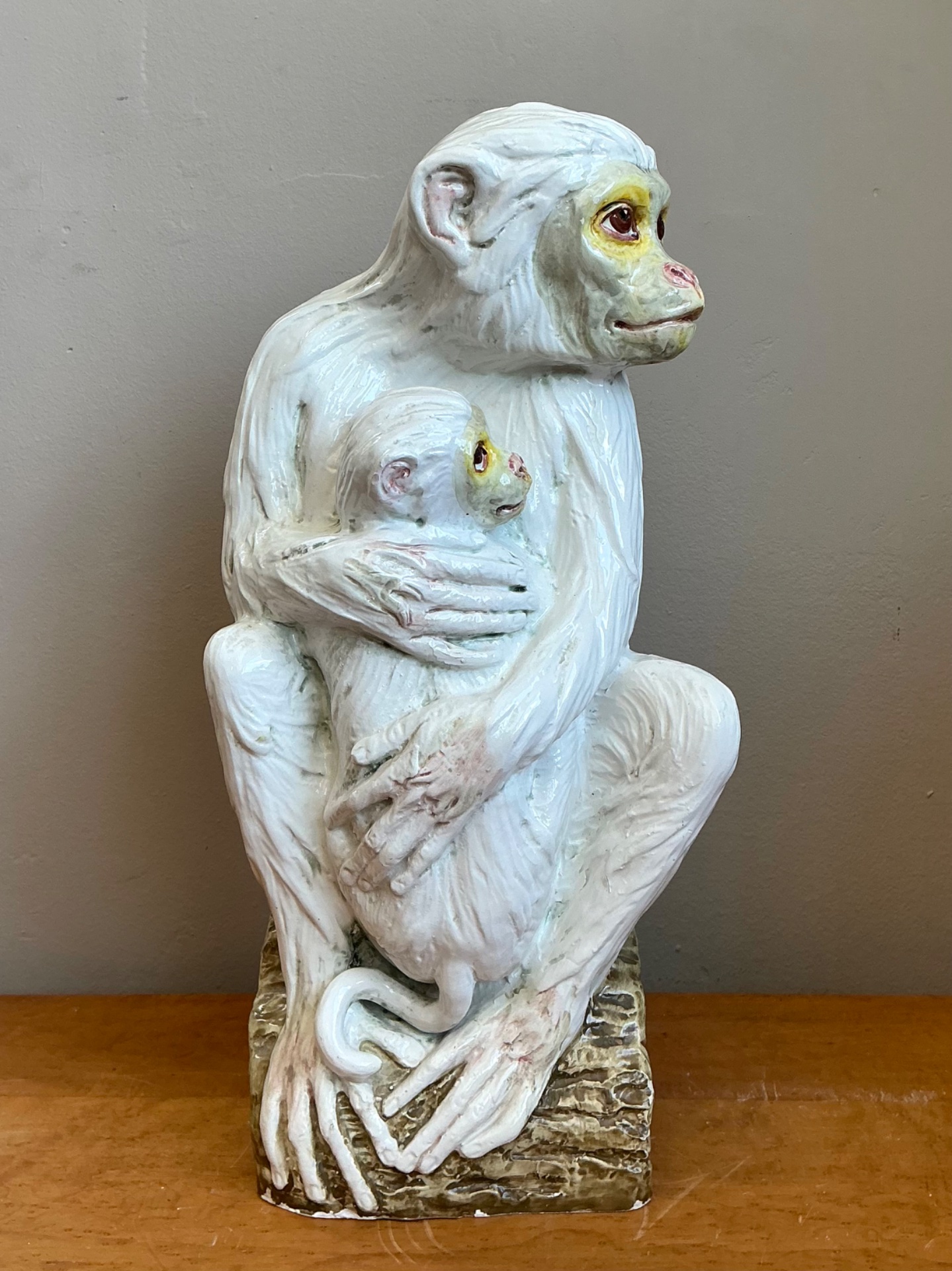Vintage Italian Glazed Ceramic Monkey And Baby  - Side view