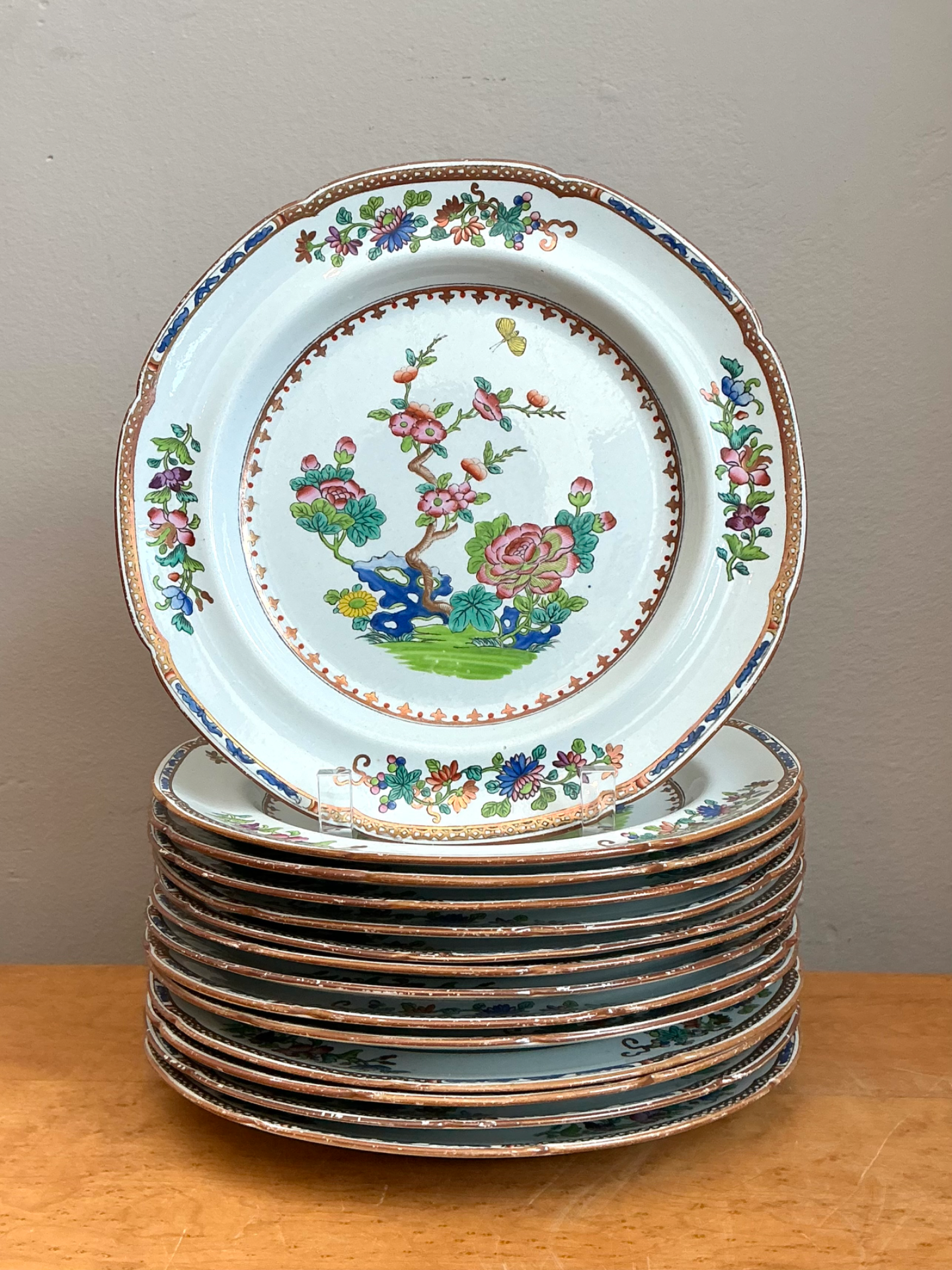 Vintage Spode Floral Porcelain Dinner Plates - Set of 12 - Top view