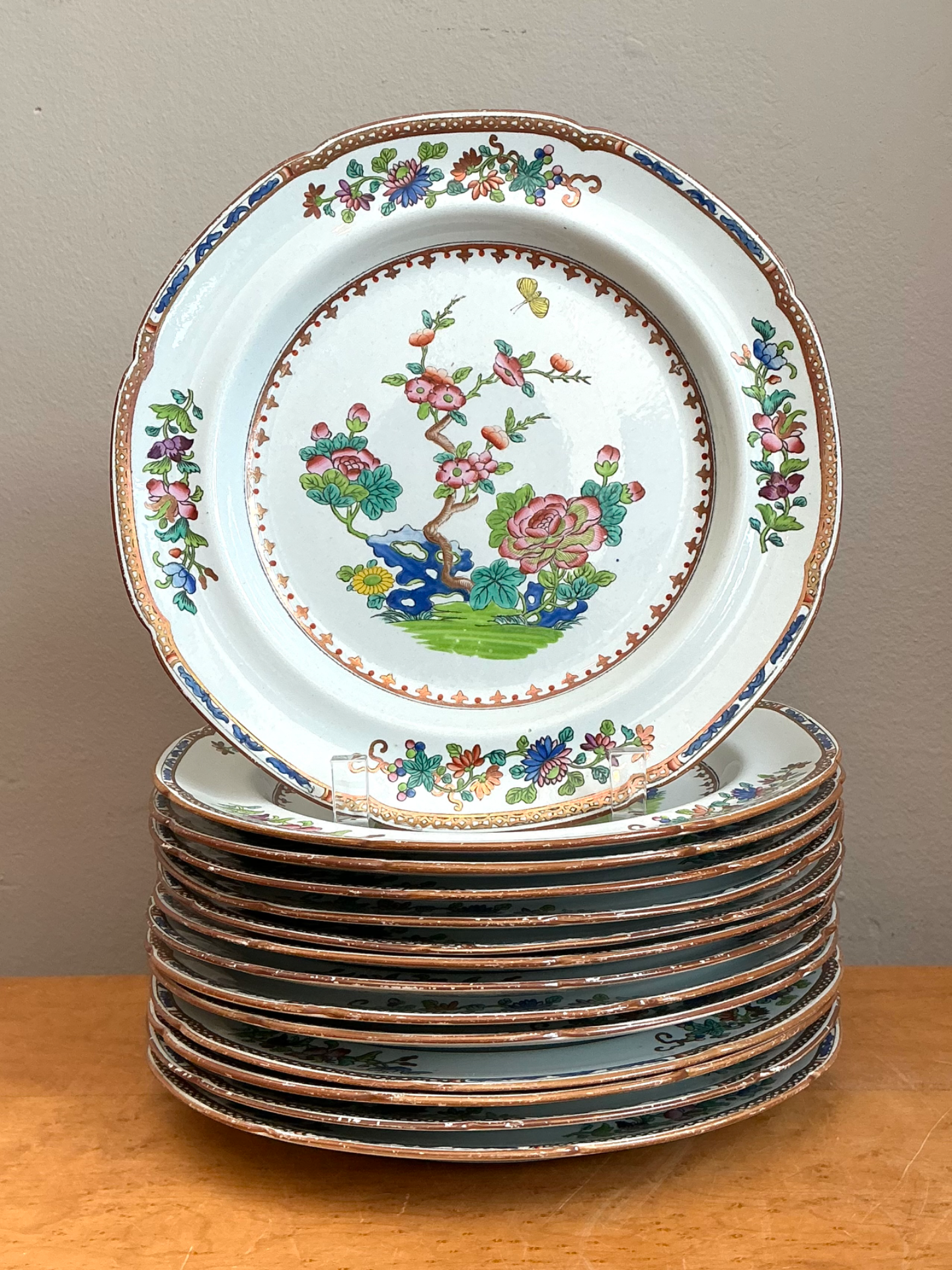 Vintage Spode Floral Porcelain Dinner Plates - Set of 12 - Side view