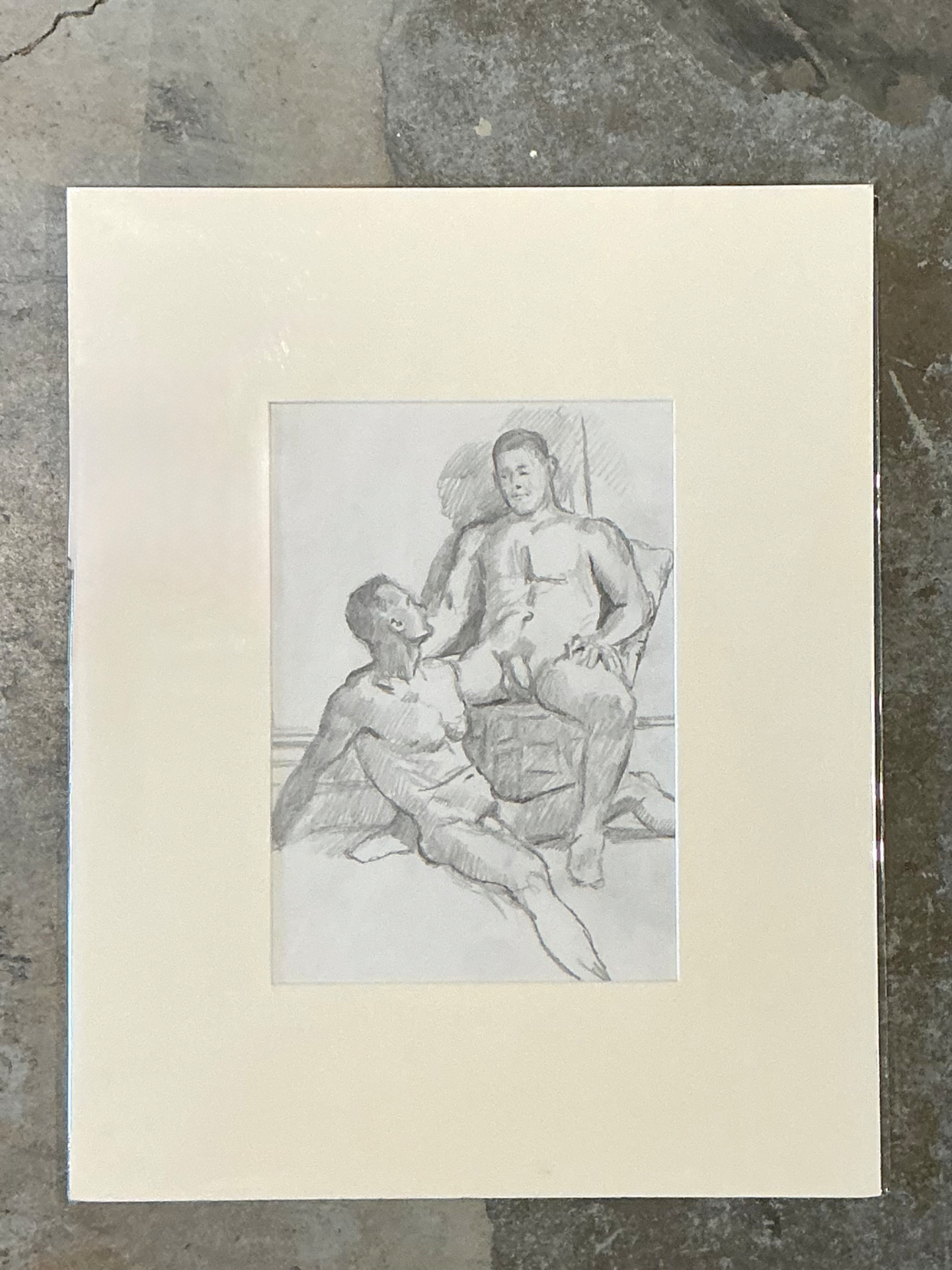 Vintage Original Figurative Pencil Drawing In Mat - Top view
