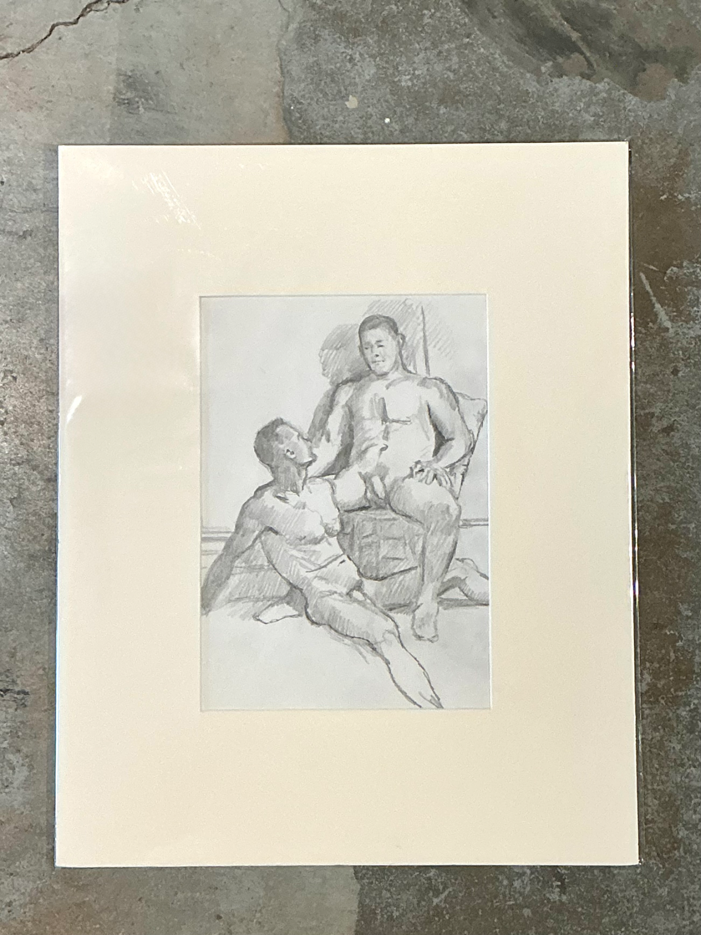 Vintage Original Figurative Pencil Drawing In Mat - Back view