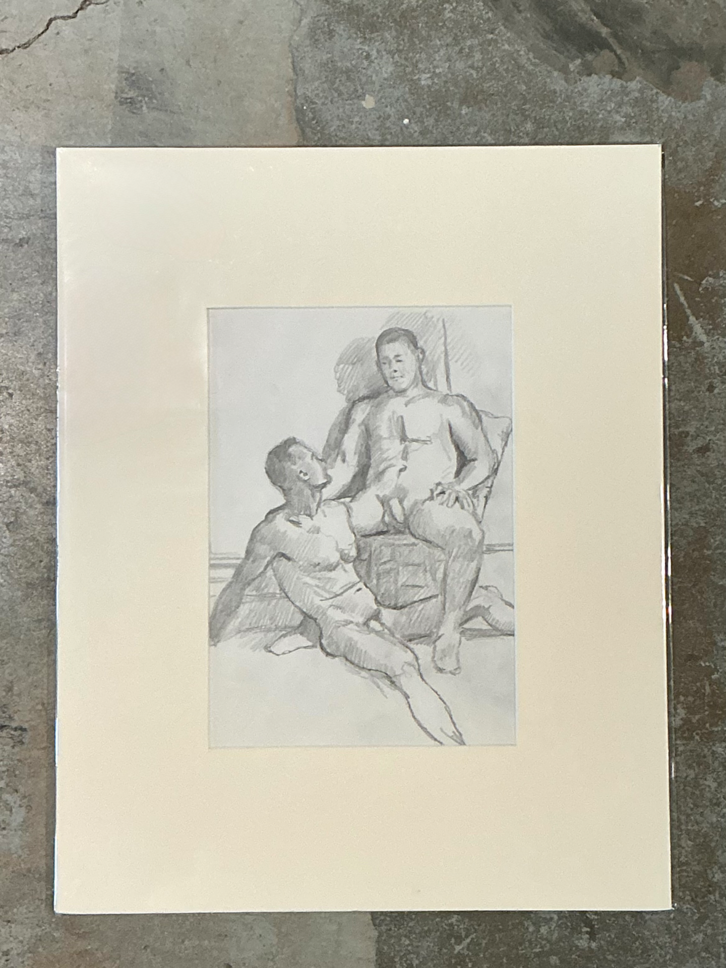 Vintage Original Figurative Pencil Drawing In Mat - Side view