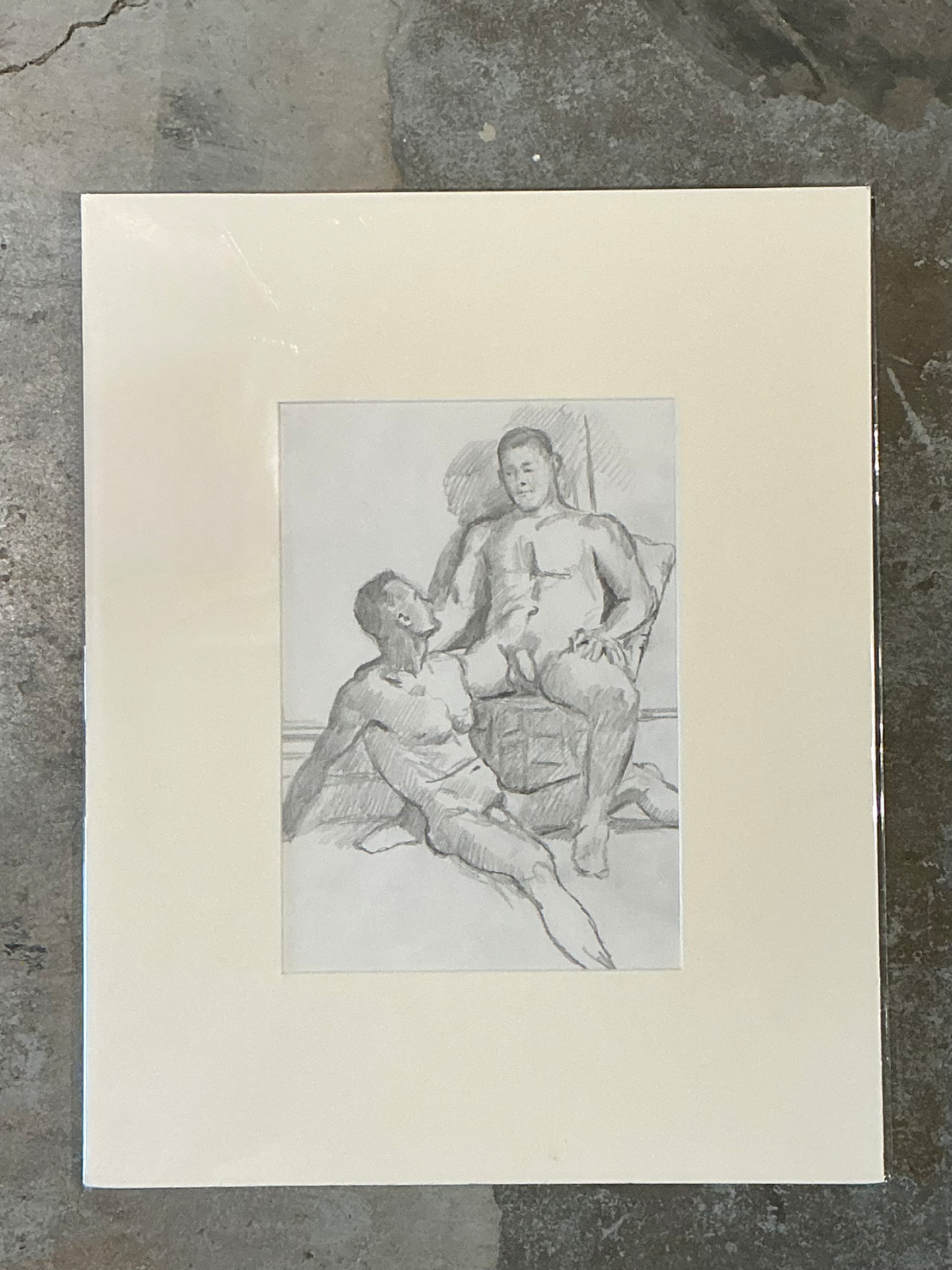 Vintage Original Figurative Pencil Drawing In Mat - Detail view