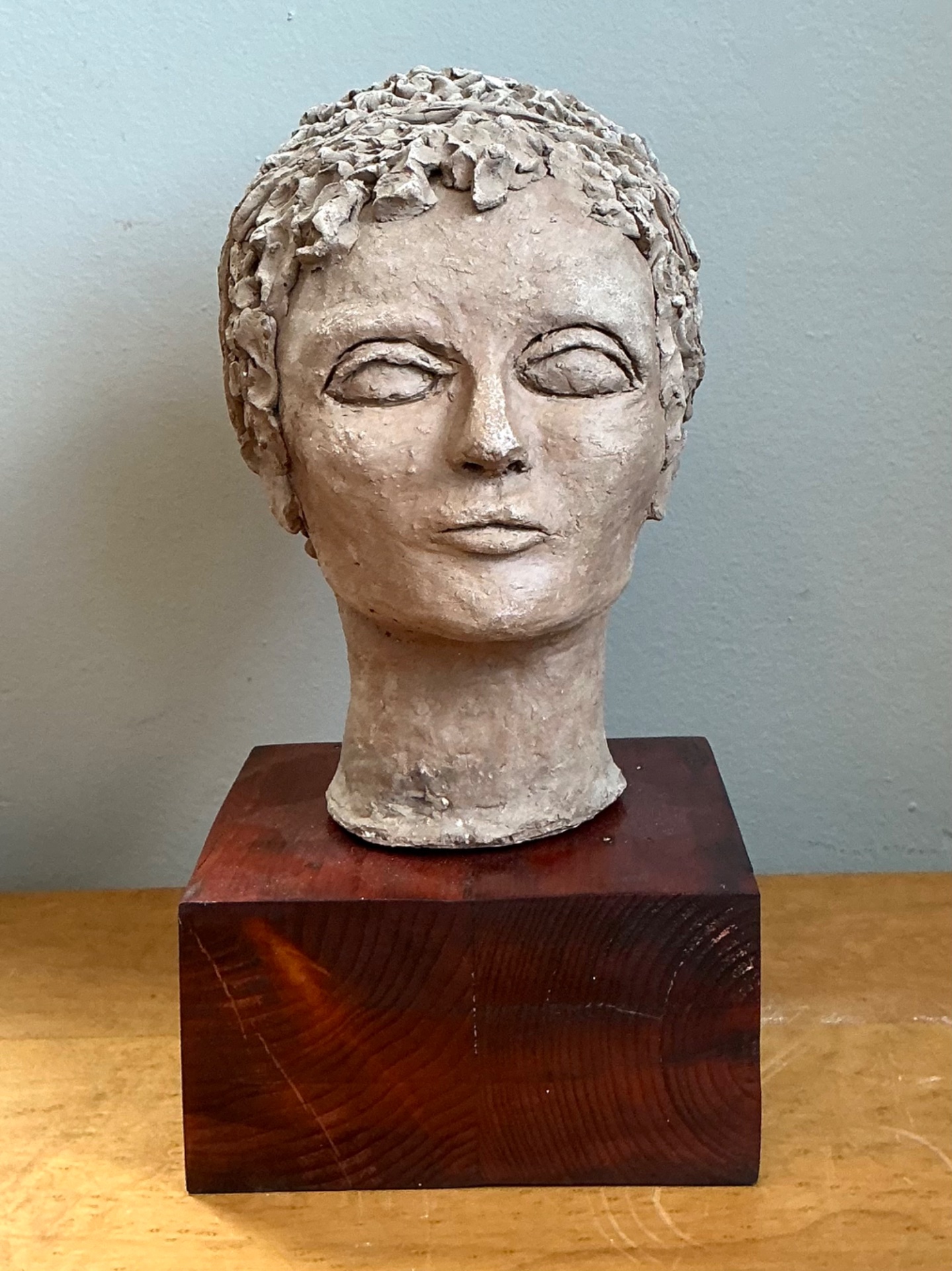 Vintage Plaster Head Sculpture on Wood Base - Top view