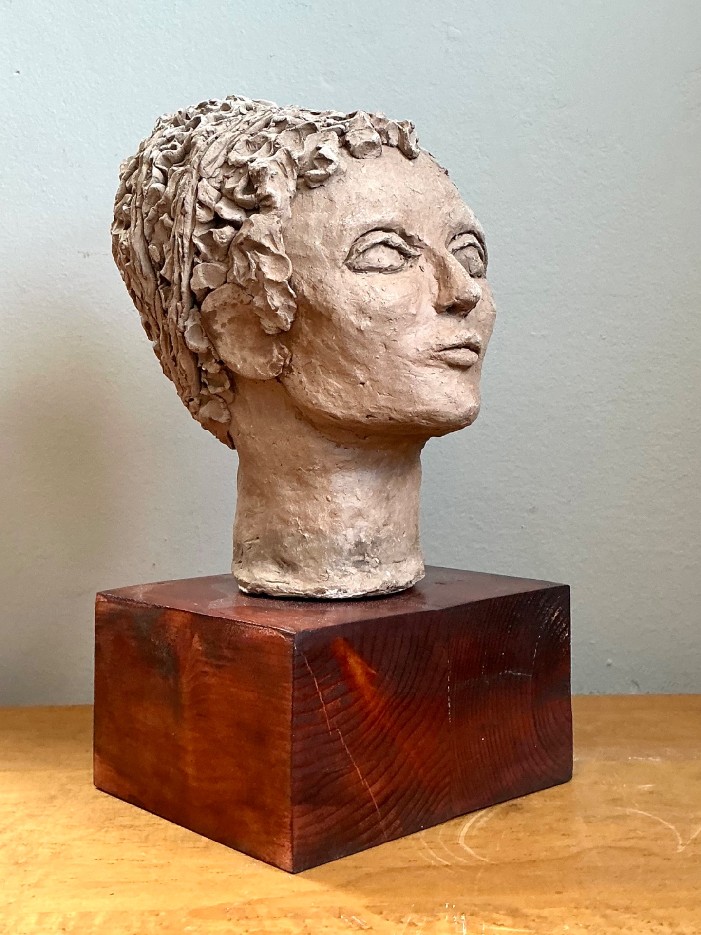 Vintage Plaster Head Sculpture on Wood Base - Side view