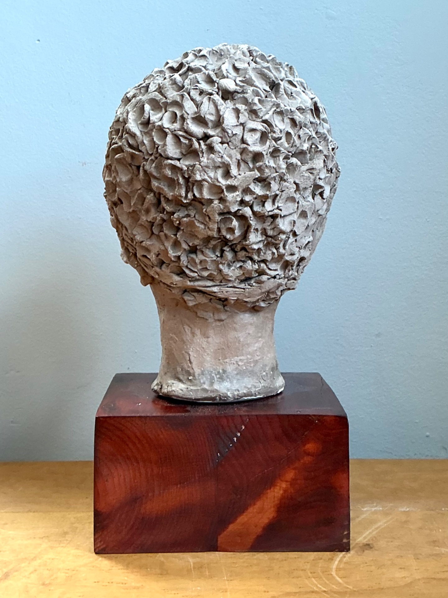 Vintage Plaster Head Sculpture on Wood Base - Back view