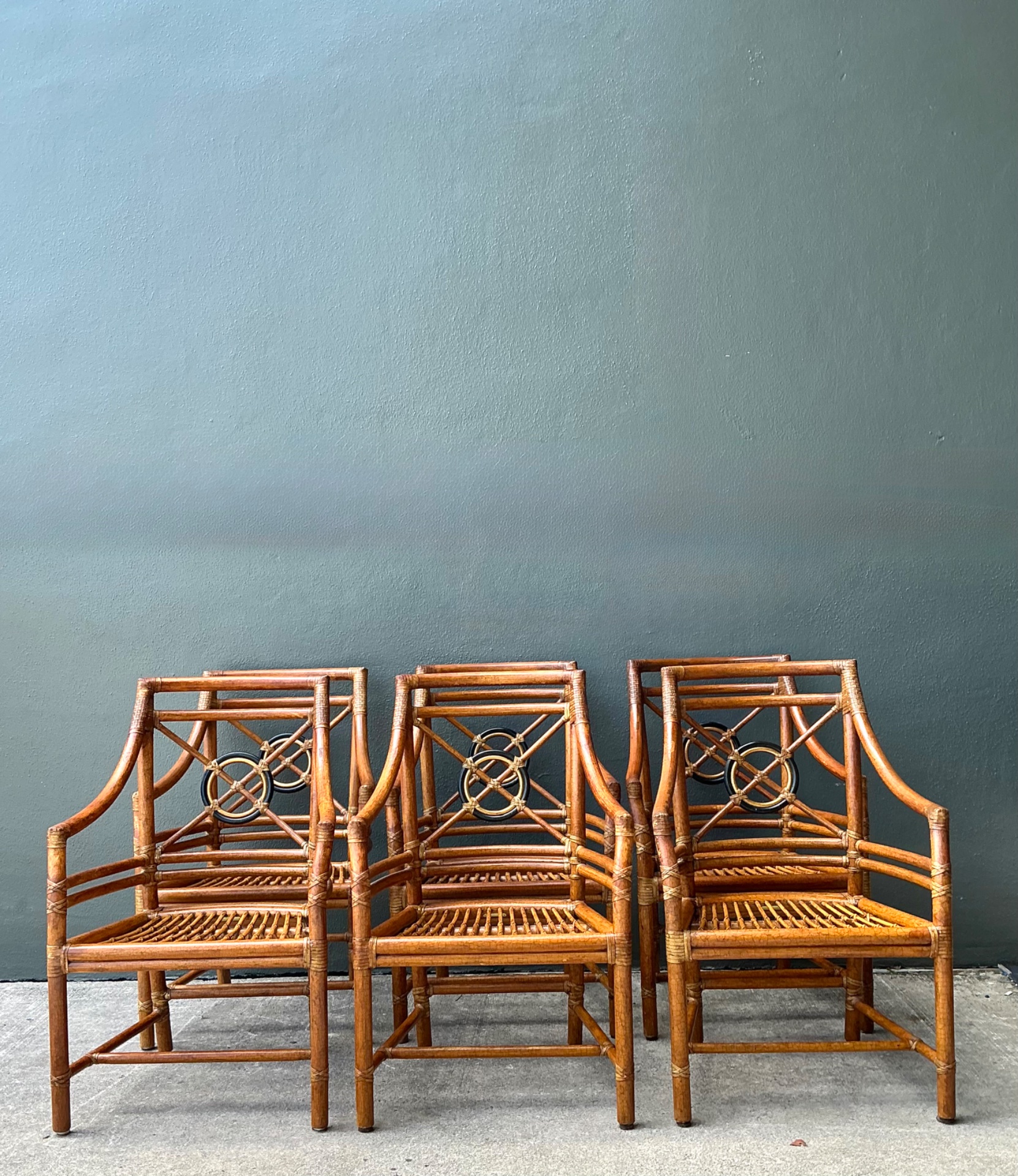 Vintage McGuire Target Back Rattan Dining Chairs - Set Of 6 - Detail view