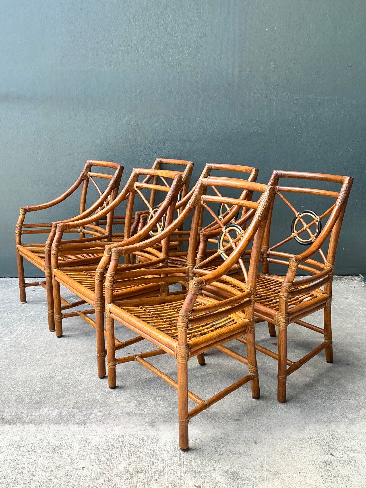 Vintage McGuire Target Back Rattan Dining Chairs - Set Of 6 - Top view