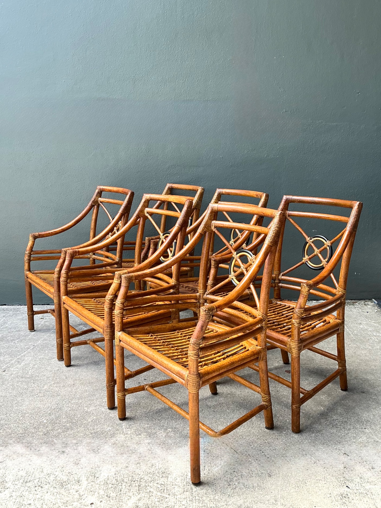 Vintage McGuire Target Back Rattan Dining Chairs - Set Of 6 - Side view