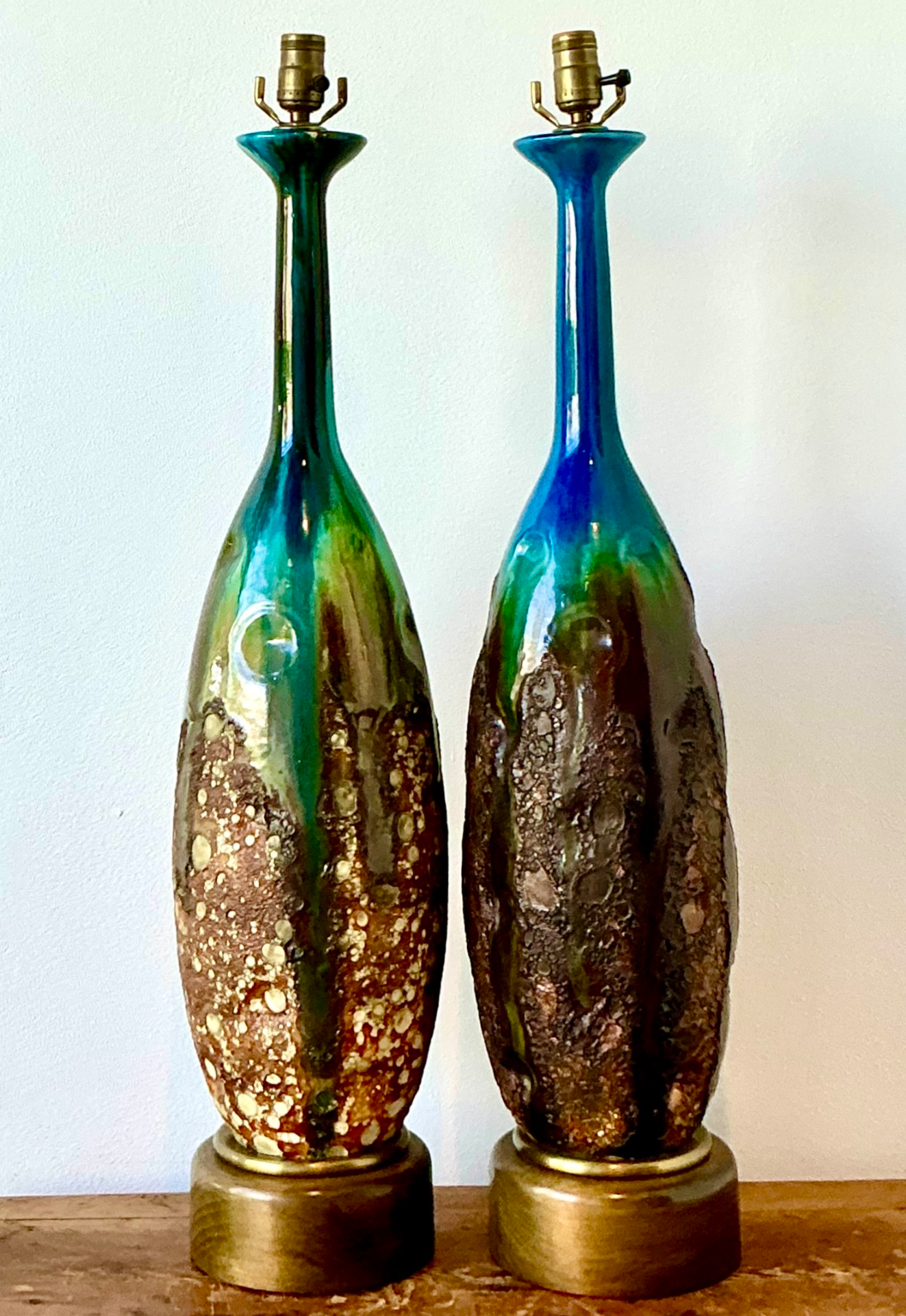 Vintage Monumental MCM Drip Glaze Ceramic Table Lamps - Pair - Top view
