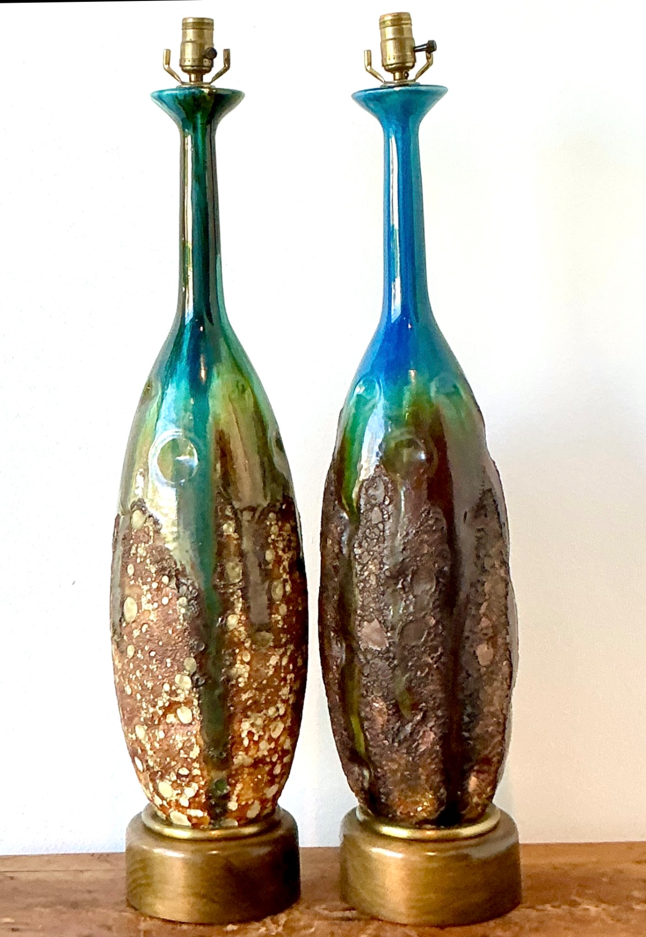 Vintage Monumental MCM Drip Glaze Ceramic Table Lamps - Pair - Side view