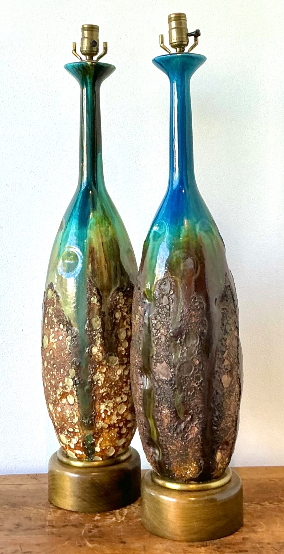 Vintage Monumental MCM Drip Glaze Ceramic Table Lamps - Pair - Back view