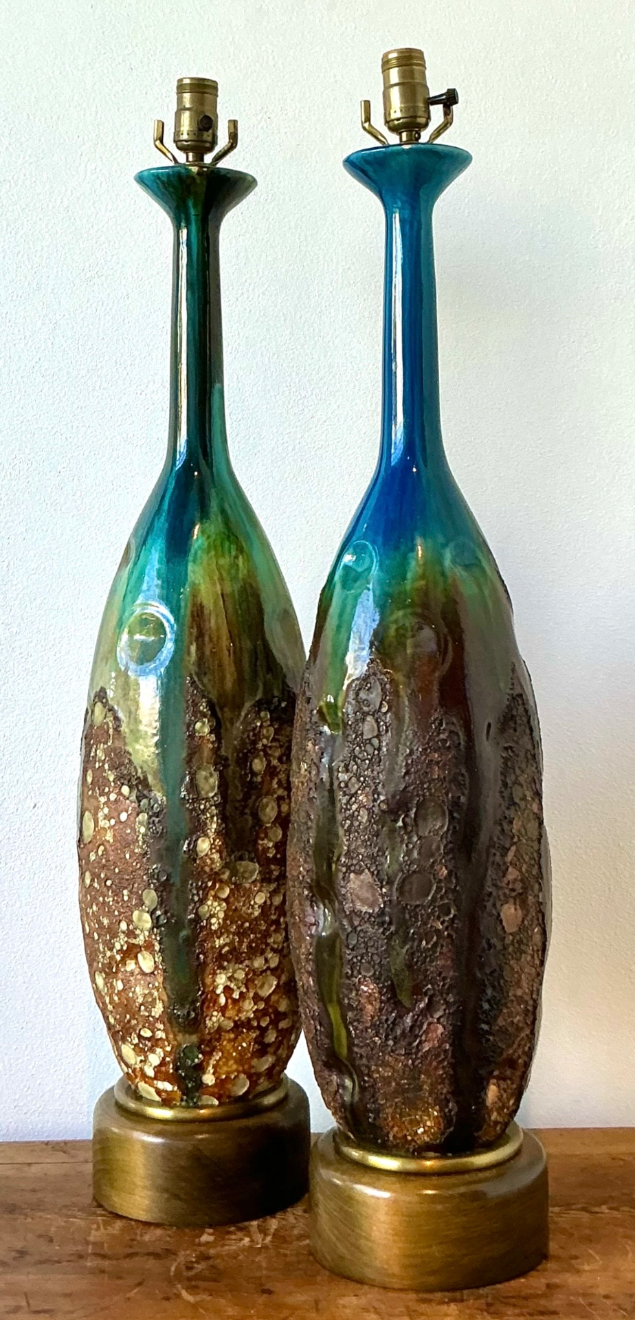 Vintage Monumental MCM Drip Glaze Ceramic Table Lamps - Pair - Detail view