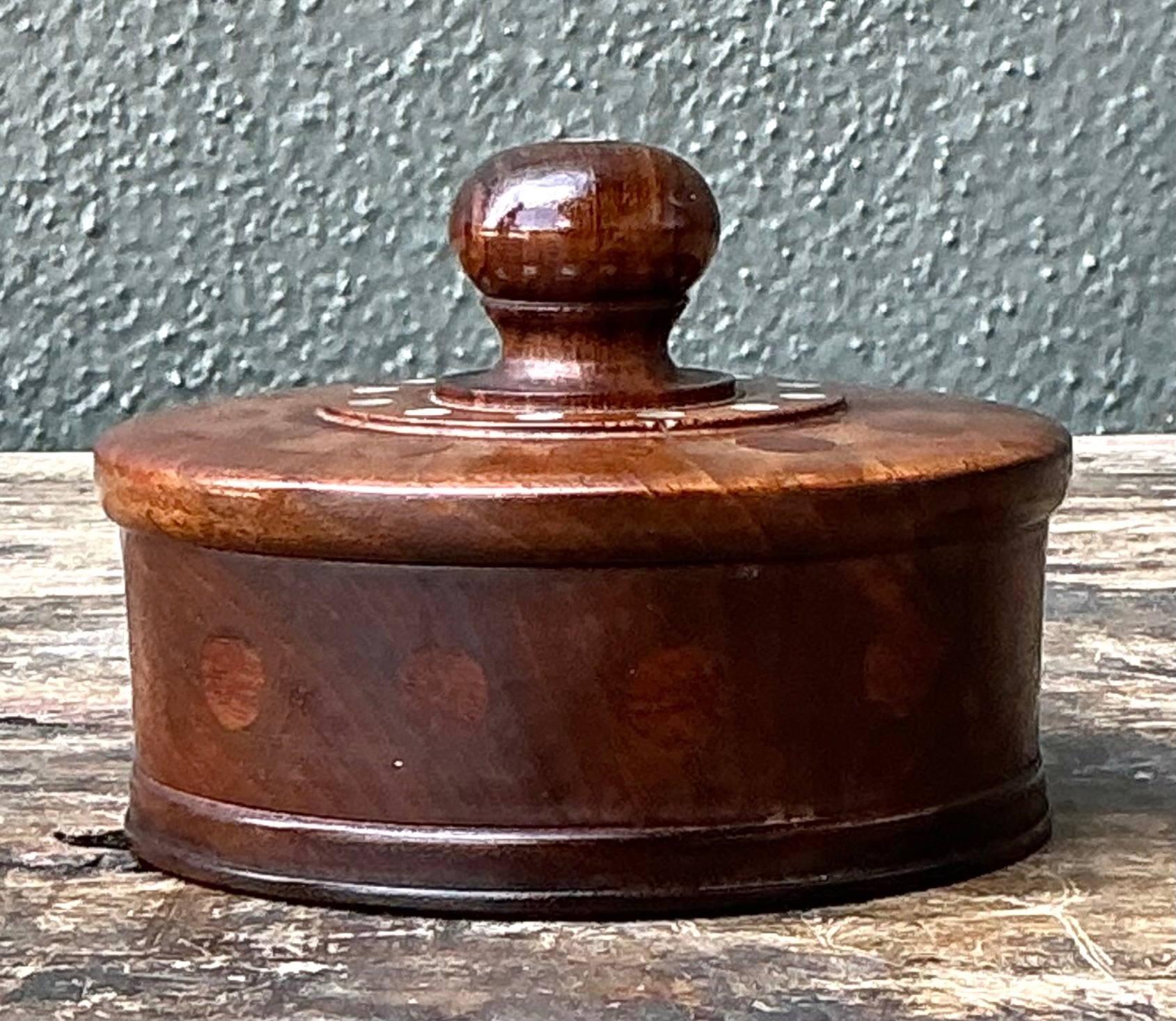 Vintage Round Wood Inlay Trinket Box - Back view