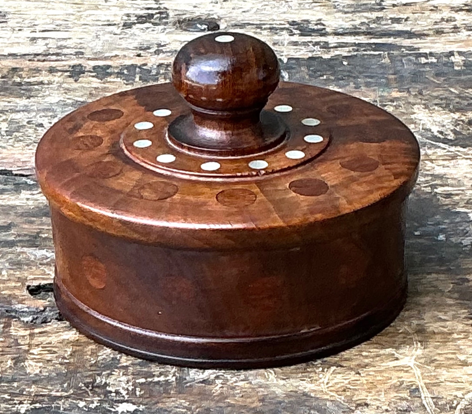 Vintage Round Wood Inlay Trinket Box - Top view