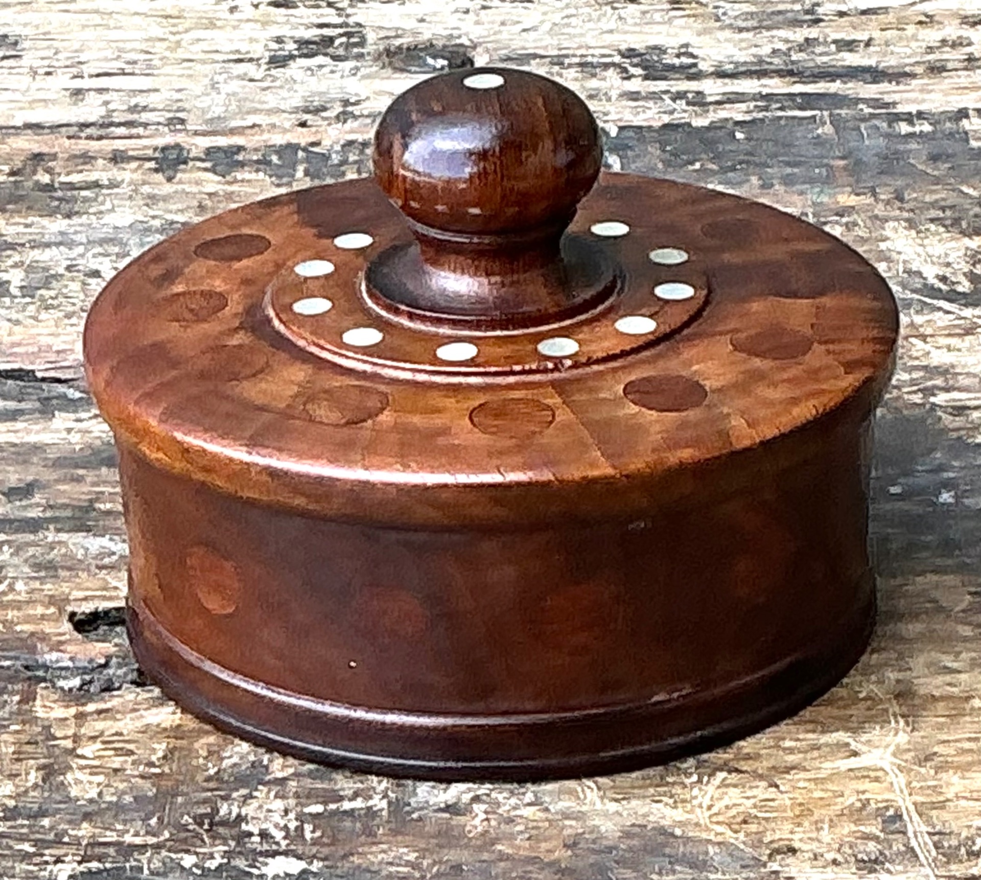 Vintage Round Wood Inlay Trinket Box - Side view