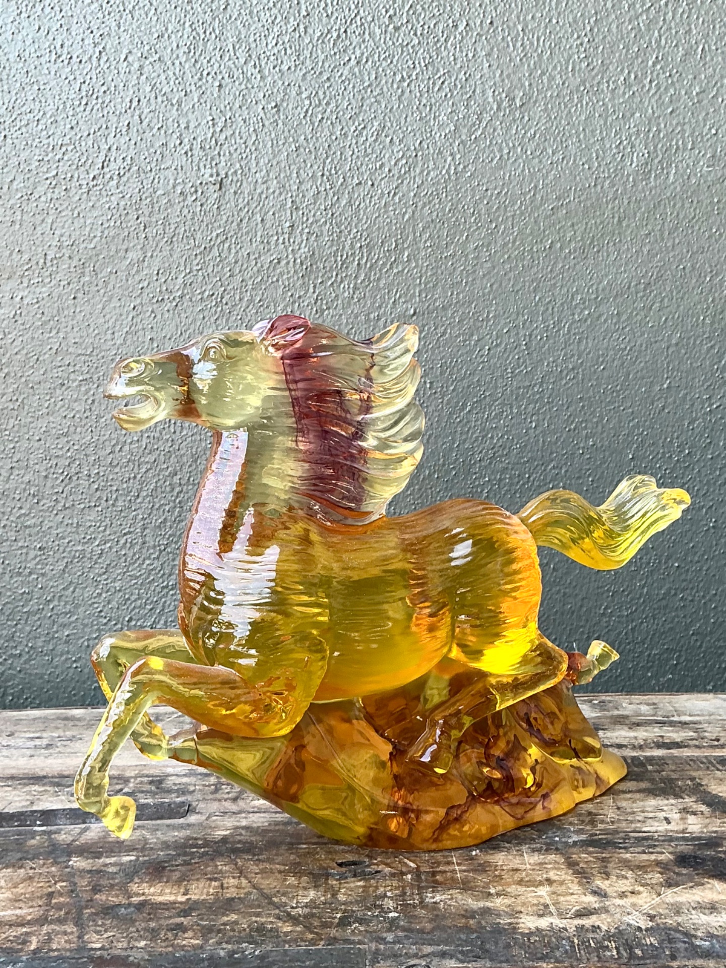 Vintage Amber Cast Lucite Running Horse Sculpture - Detail view