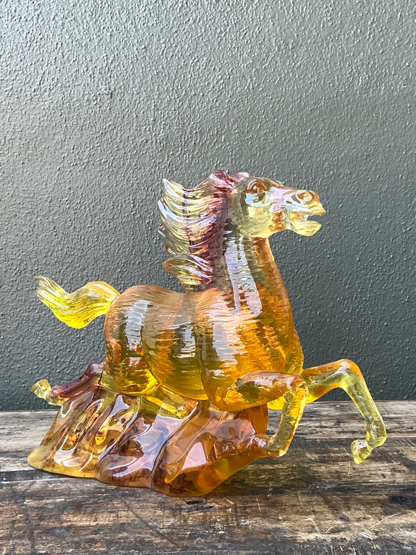 Vintage Amber Cast Lucite Running Horse Sculpture - Back view