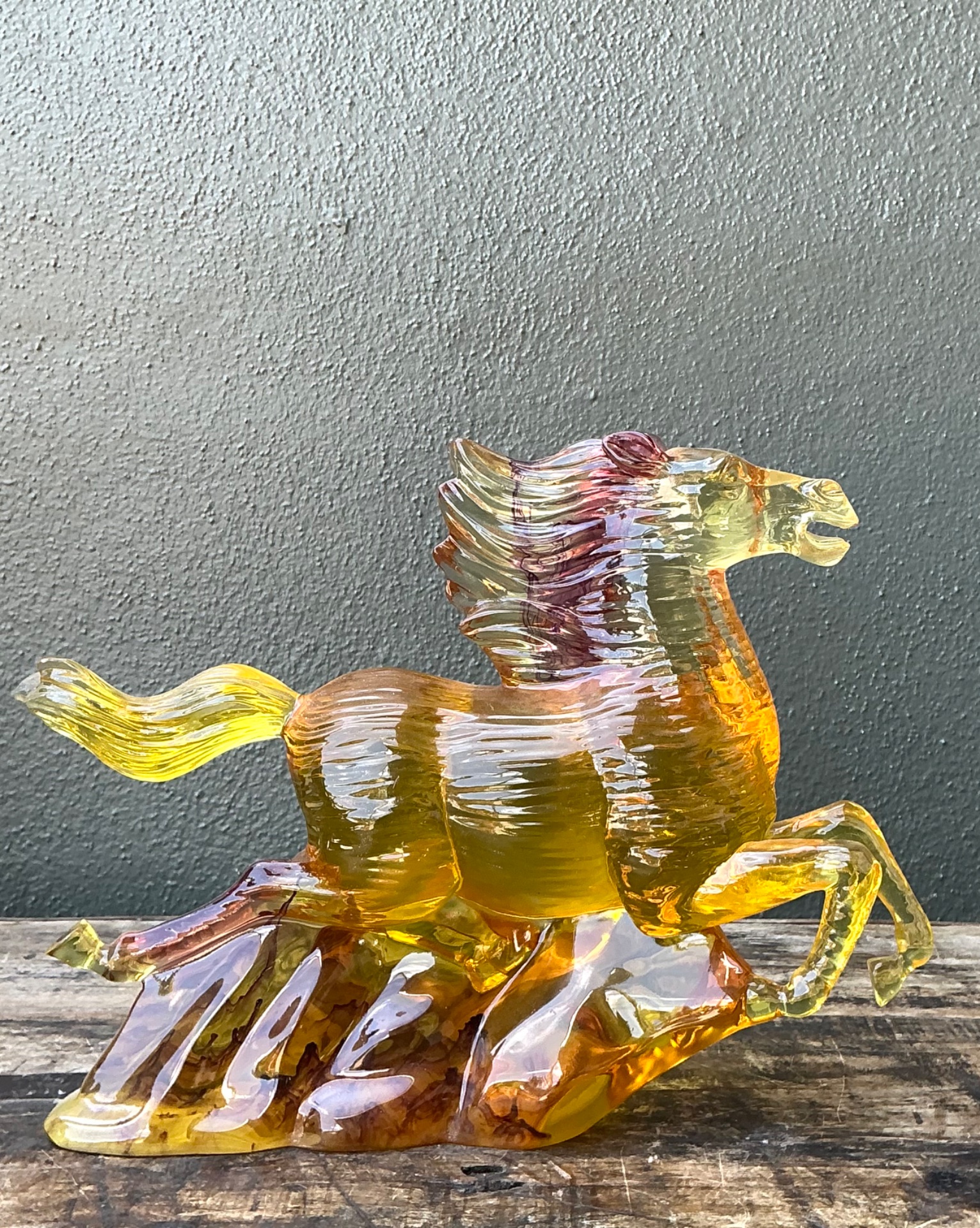 Vintage Amber Cast Lucite Running Horse Sculpture - Side view