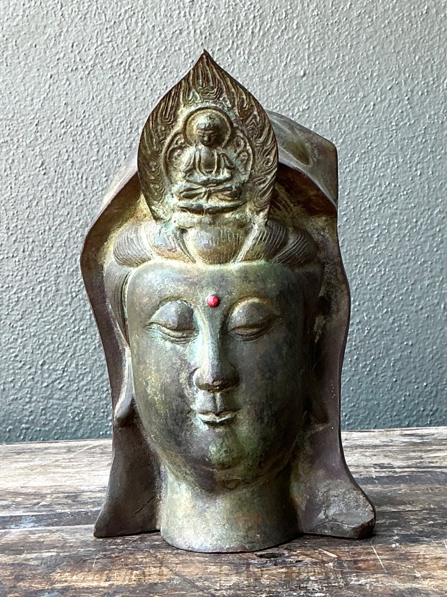 Vintage Patinated Bronze Buddha Head - Top view