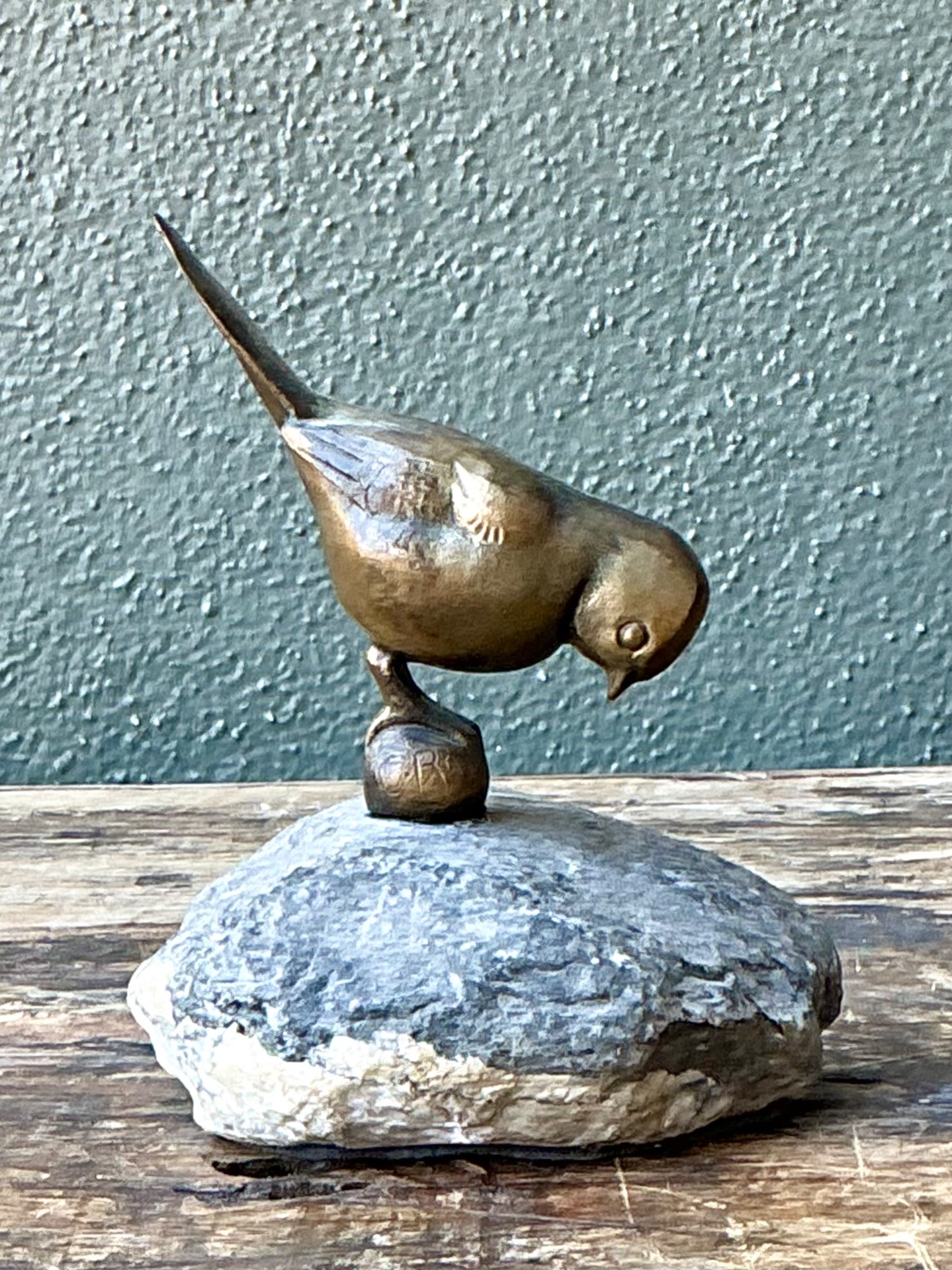Vintage Bronze Bird Sculpture on Stone Base - Side view