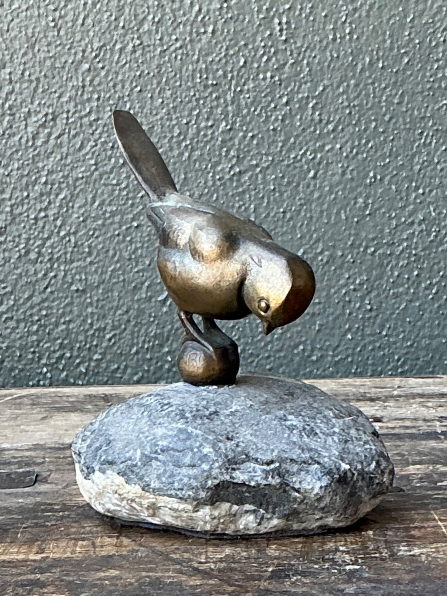 Vintage Bronze Bird Sculpture on Stone Base - Back view
