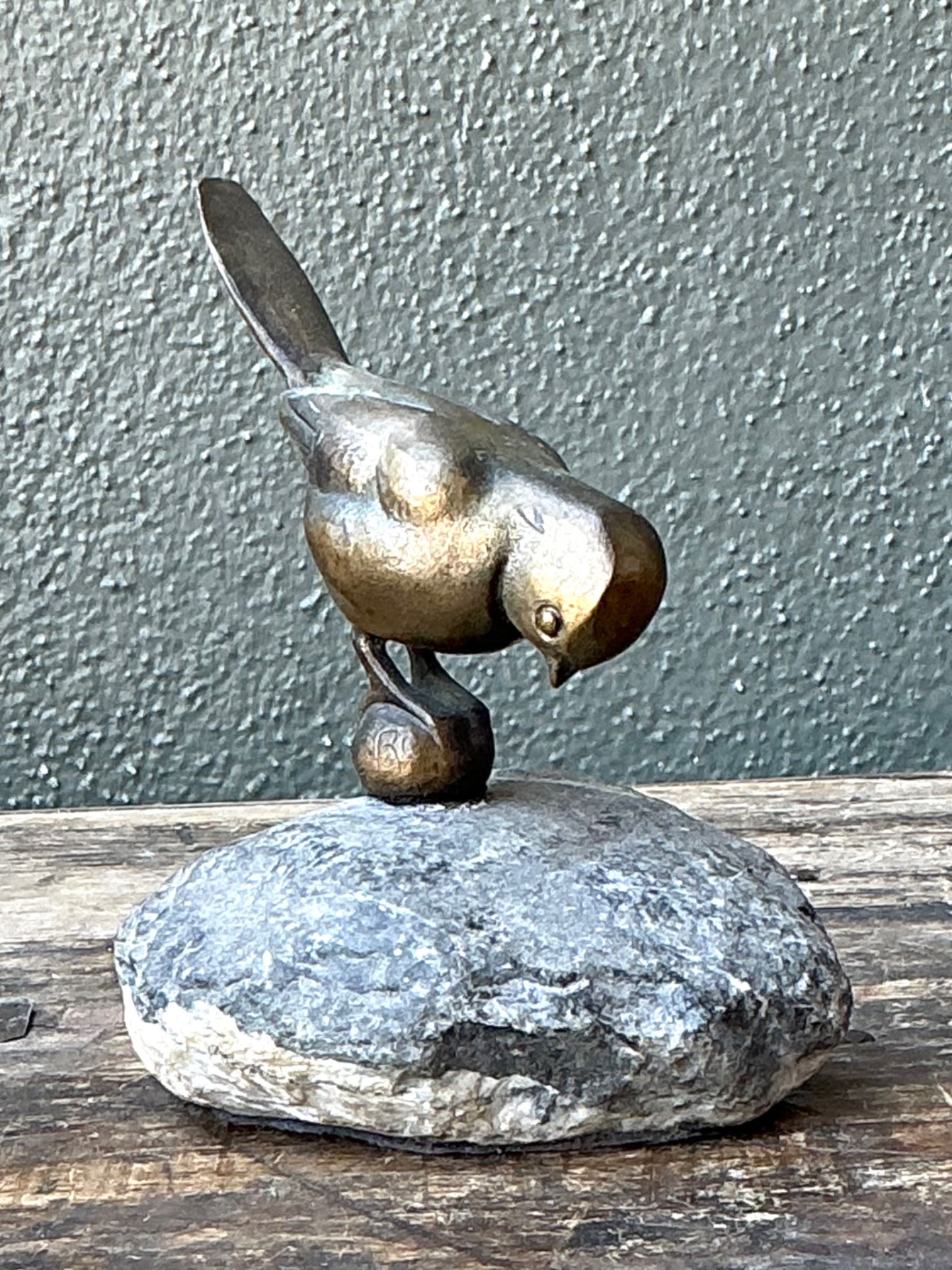Vintage Bronze Bird Sculpture on Stone Base - Detail view