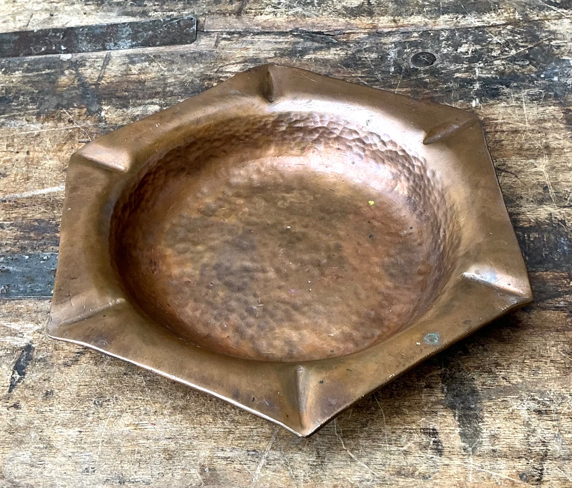 Vintage Hexagonal Hammered Copper Ashtray - Back view